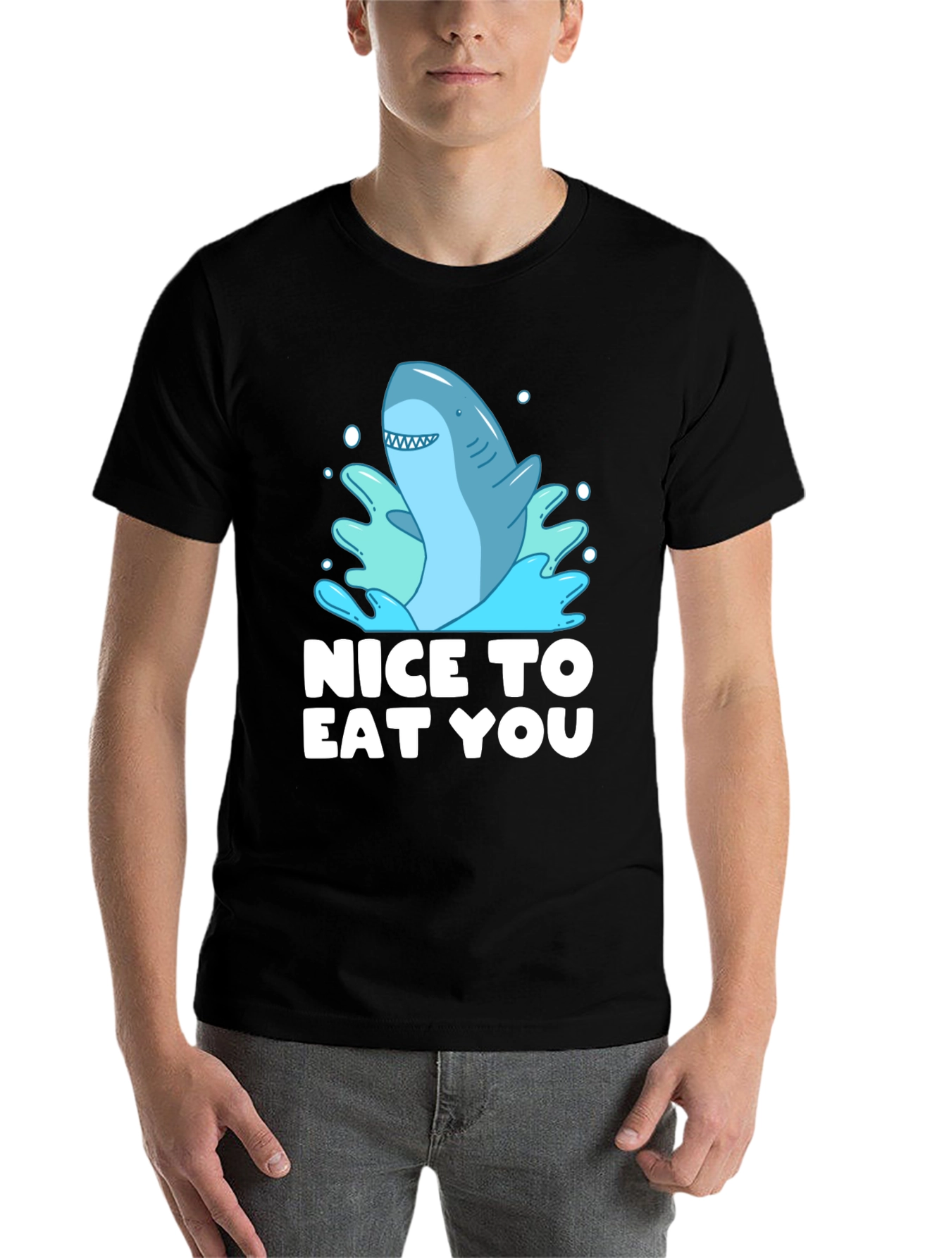 Black Funny Shark Graphic Tee - "Nice To Eat You" view 7