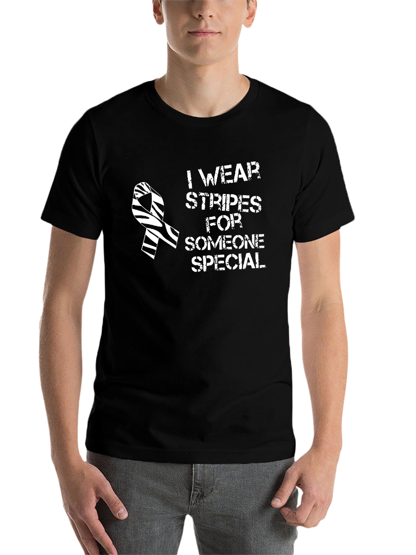 Black Zebra Stripe Ribbon Awareness T-Shirt - I Wear Stripes view 7