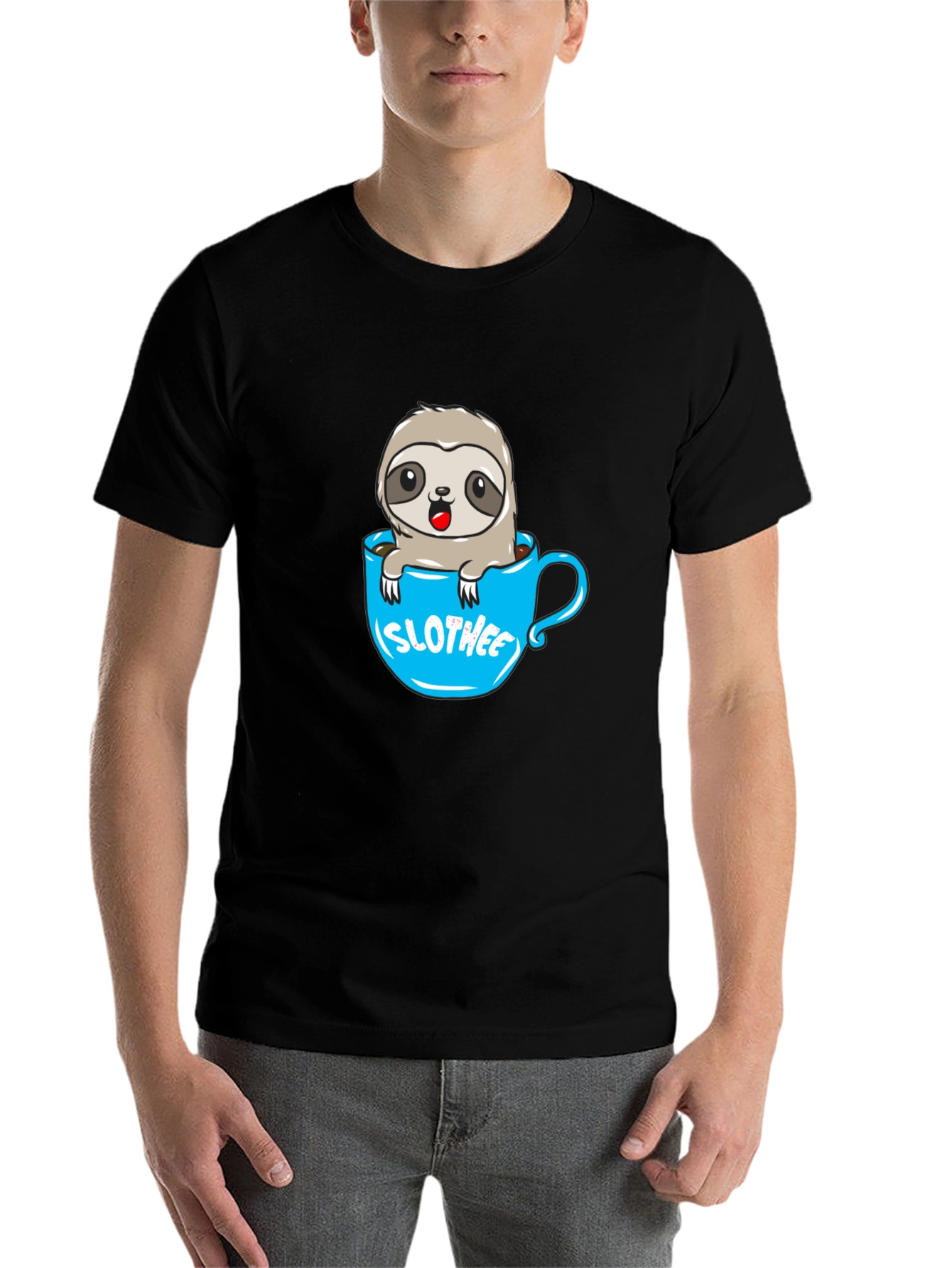 Black Slothee Cute Cartoon Sloth in Coffee Cup T-Shirt view 7