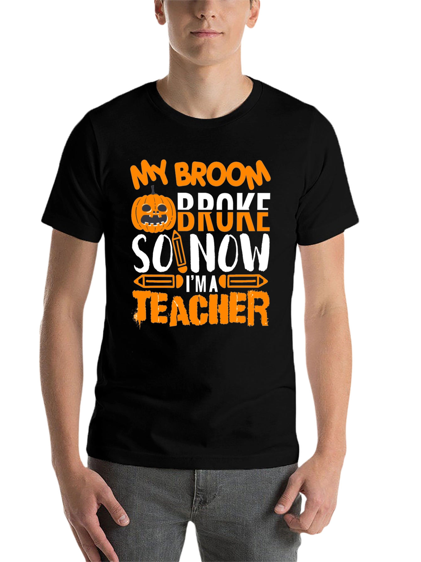 Black Funny Halloween Teacher T-Shirt - My Broom Broke view 7