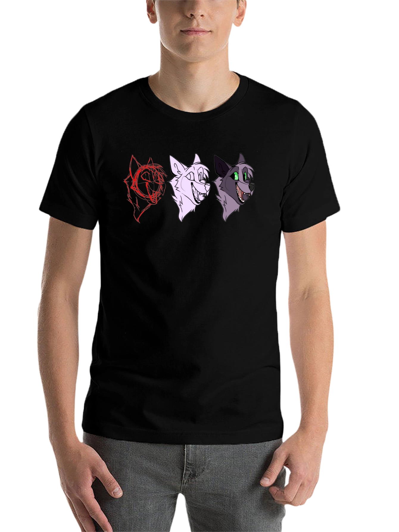 Black Cartoon Wolf Faces Black T-Shirt view 7