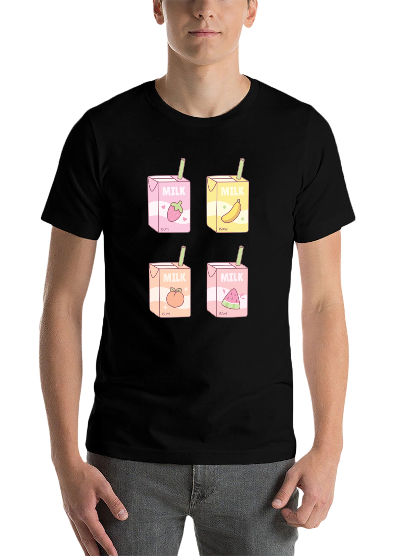 Black Kawaii Milk Boxes T-Shirt - Fruit Milk Design view 7