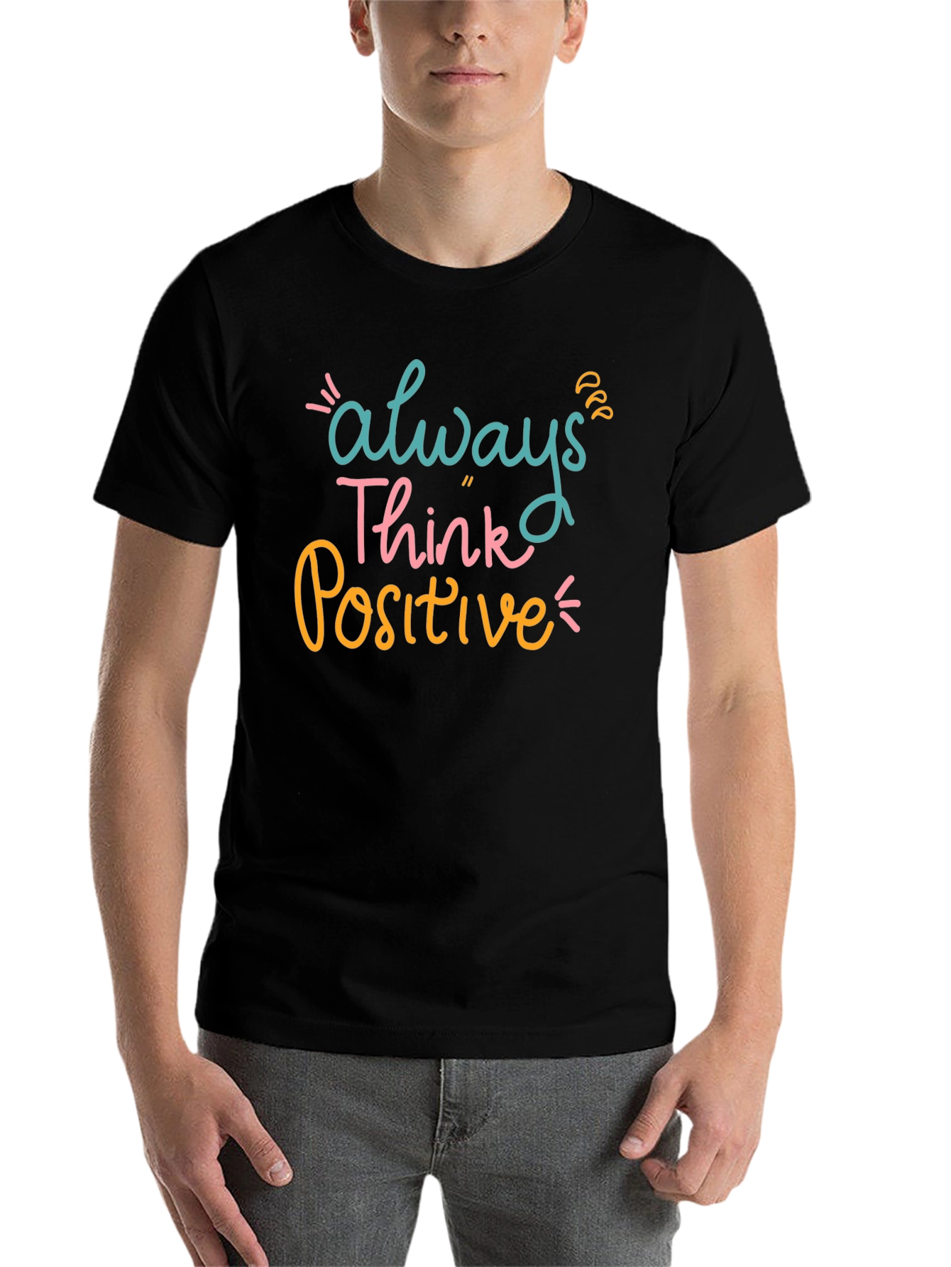 Black Always Think Positive Graphic Tee - Black Casual T-Shirt view 7