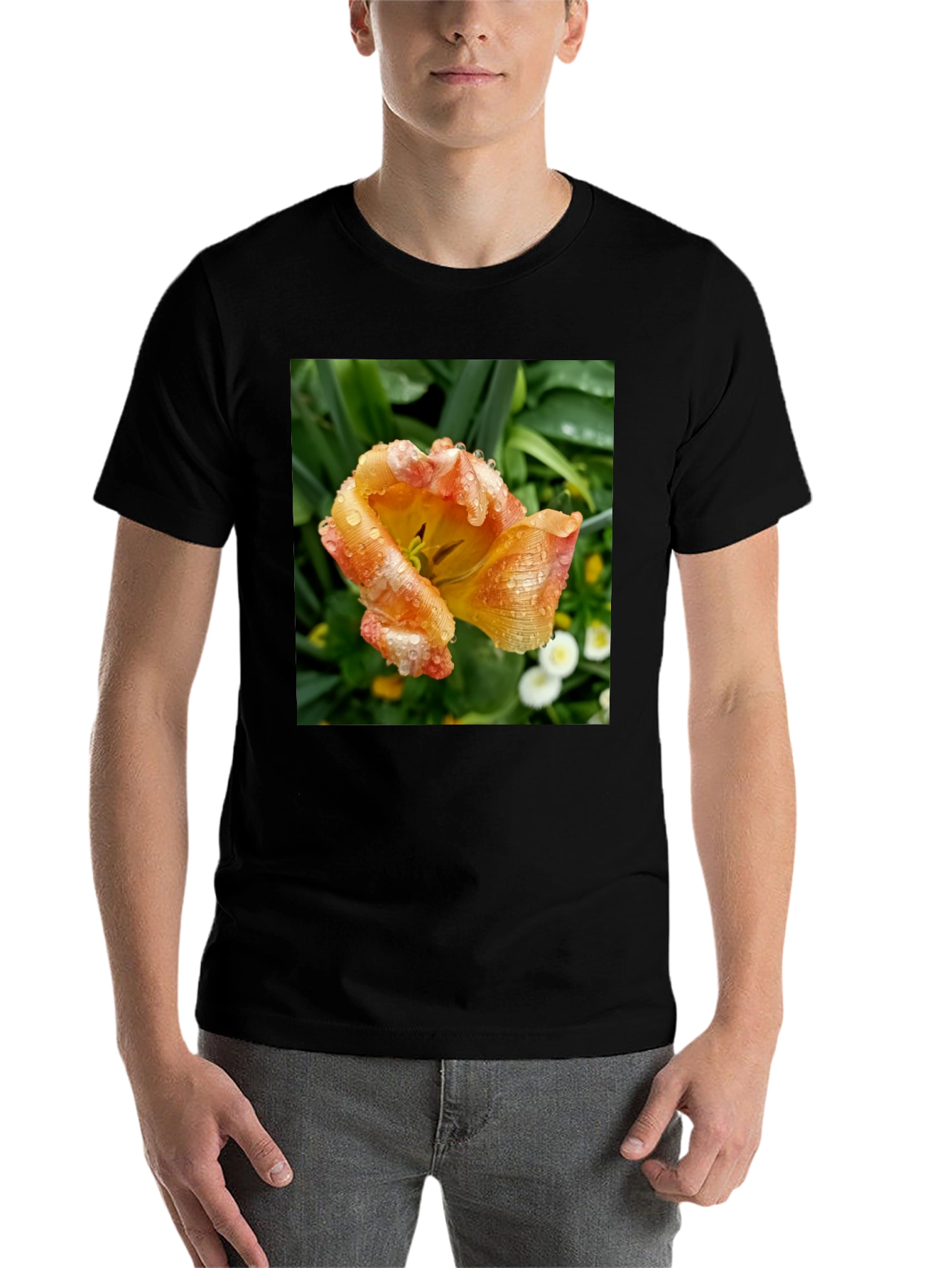 Black Floral Tulip Graphic Tee - Stylish Black T-Shirt view 7