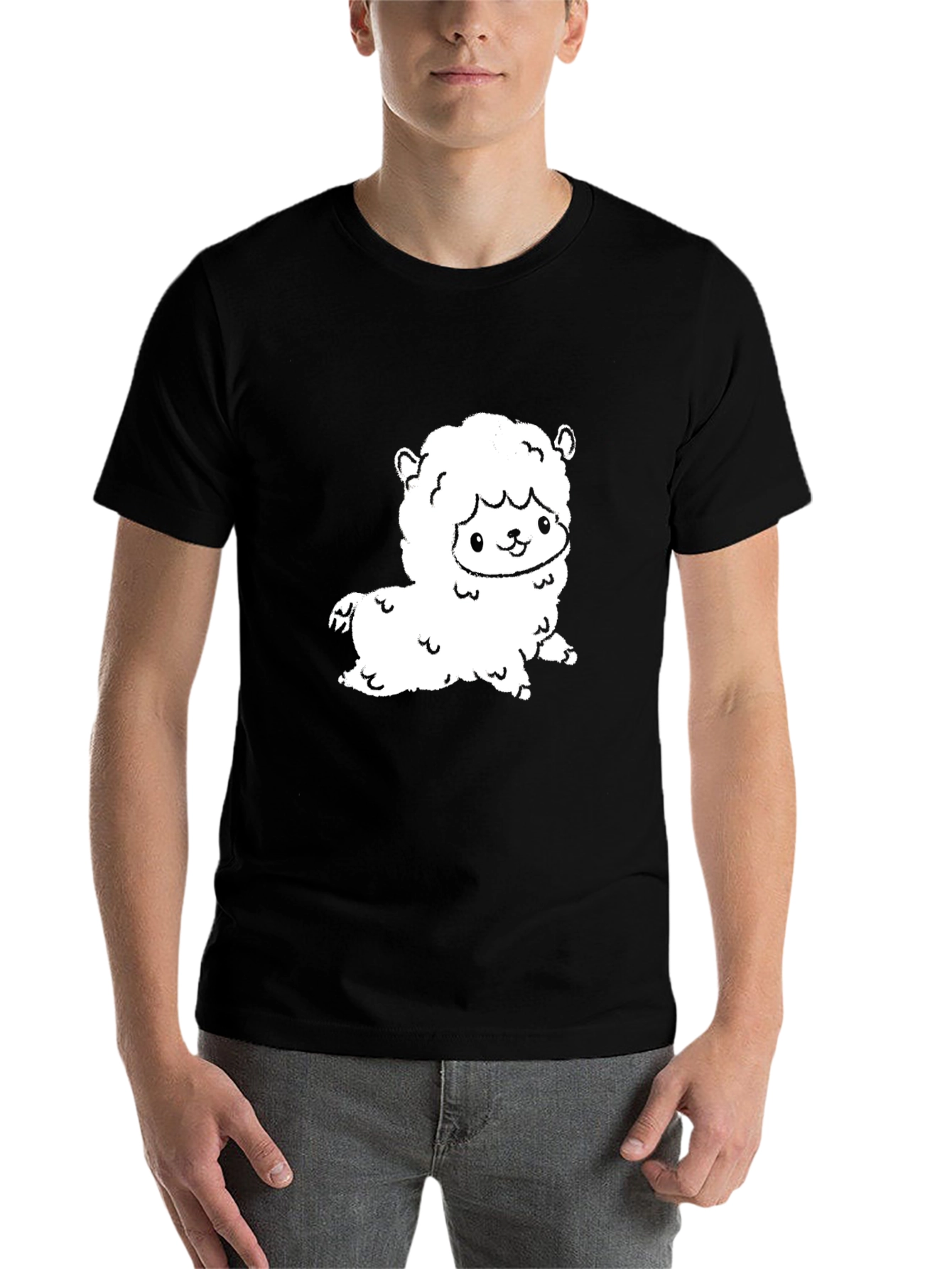 Black Cute Alpaca Graphic Tee - Black Cotton T-Shirt view 7