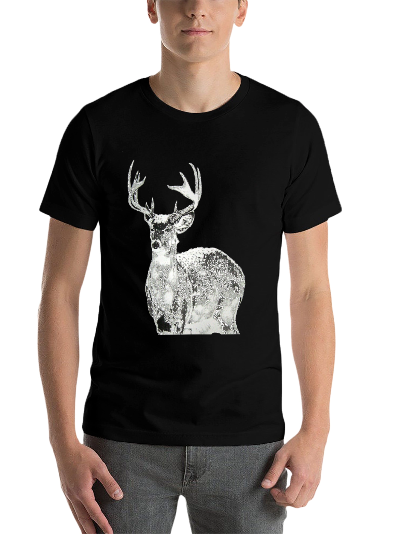 Black Men's Black T-Shirt with Graphic Deer Design view 7