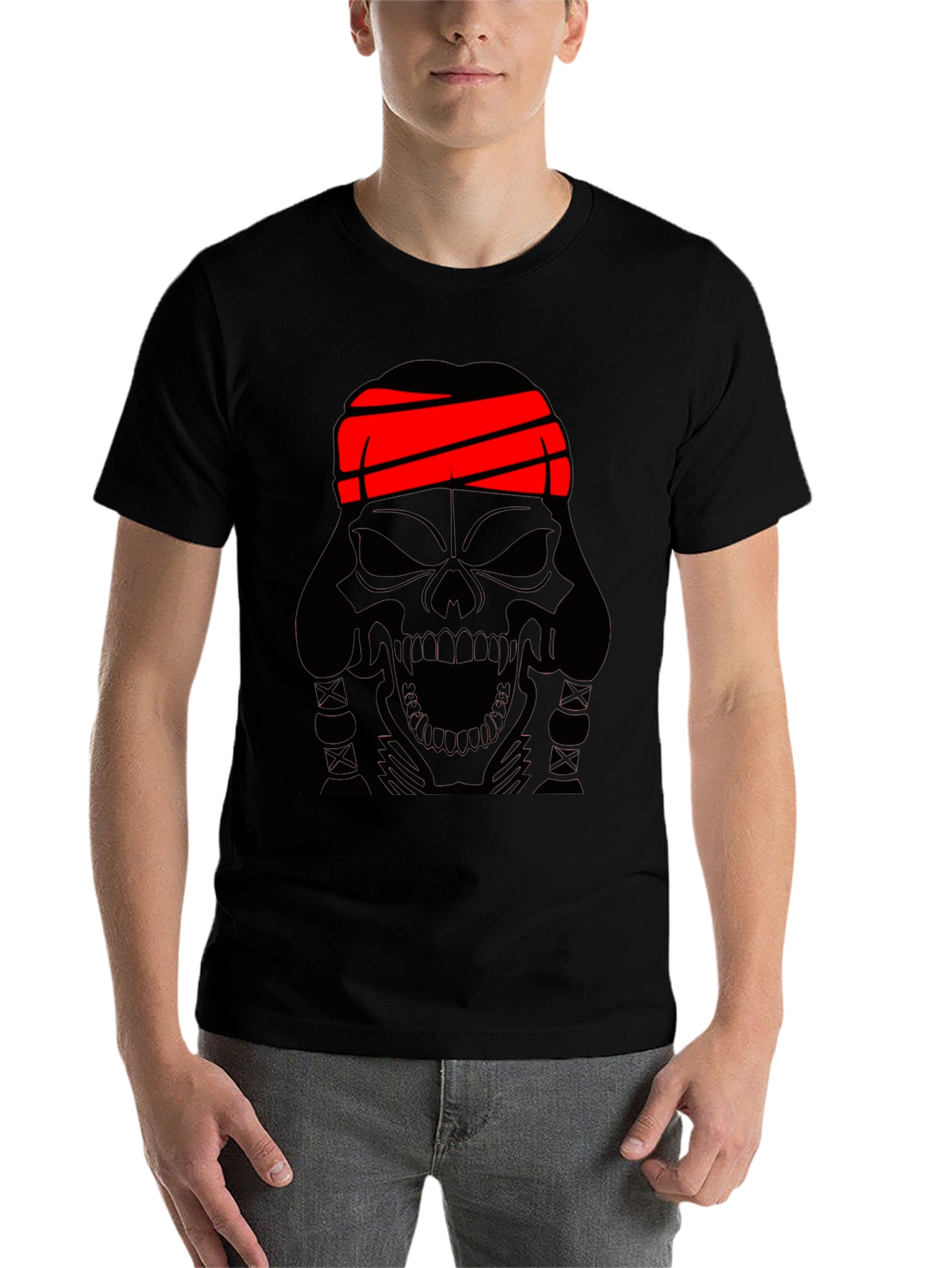 Black Skull T-Shirt - Black Graphic Tee with Red Headband view 7