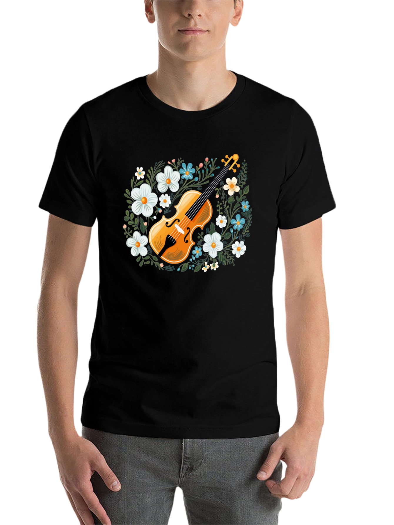 Black Floral Violin Graphic T-Shirt - Musical Style view 7