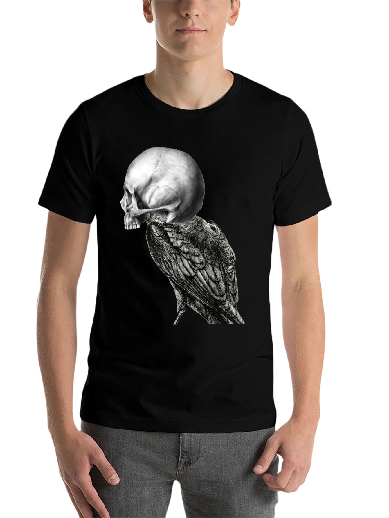 Black Skull & Raven Graphic Tee - Black Cotton Blend view 7