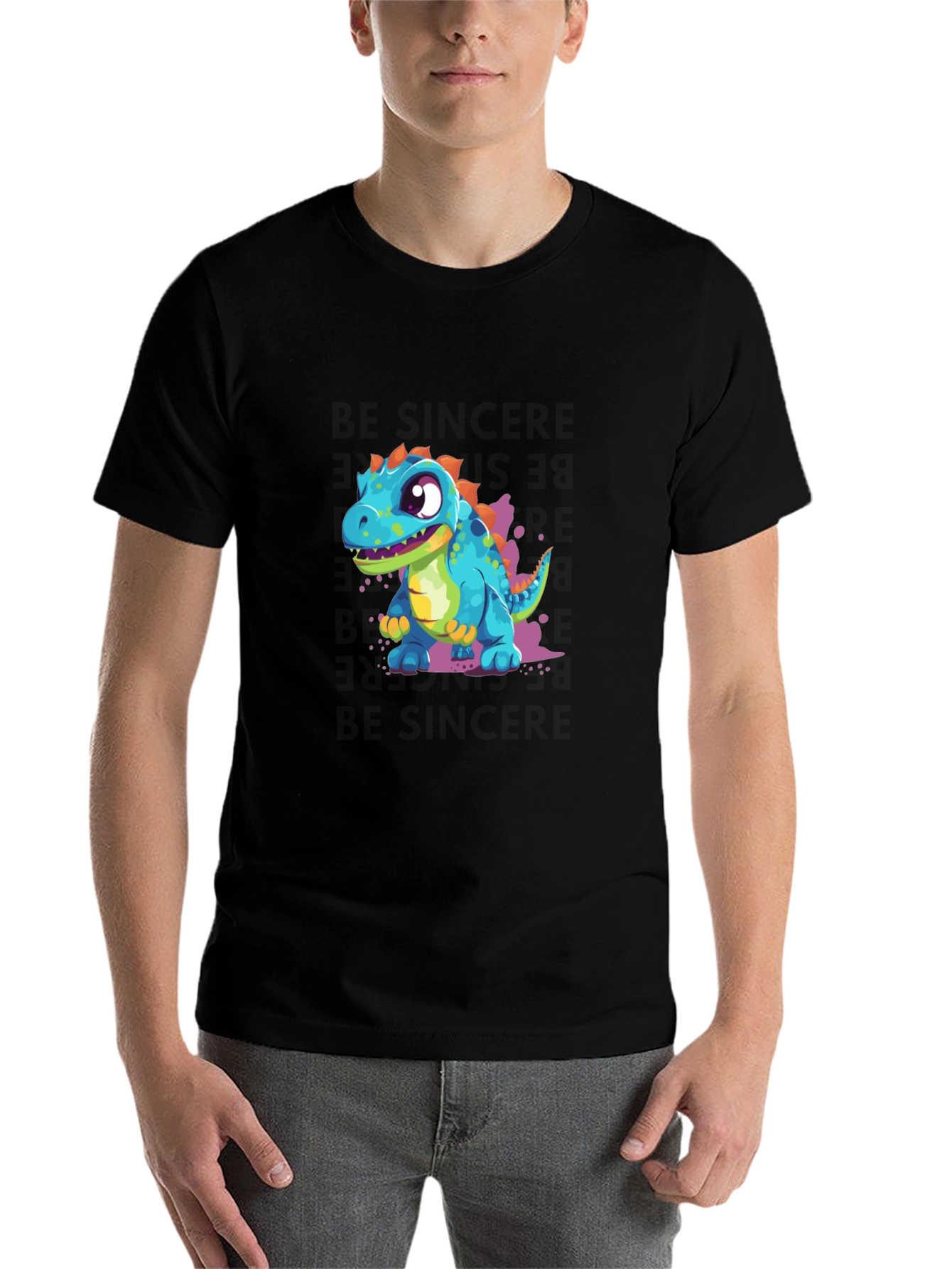 Black Cute Cartoon Dinosaur Graphic Tee view 7