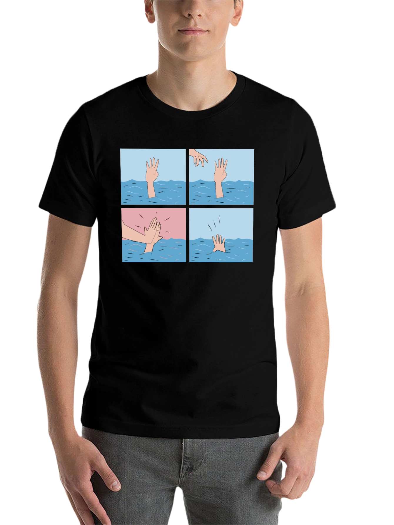 Black Comic Strip Graphic T-Shirt - Drowning Meme view 7