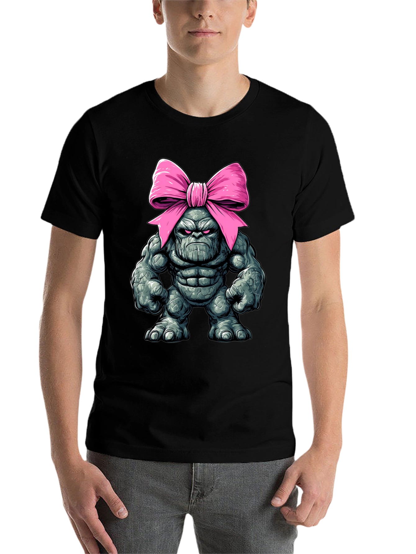 Black Funny Thanos with Pink Bow T-Shirt view 7