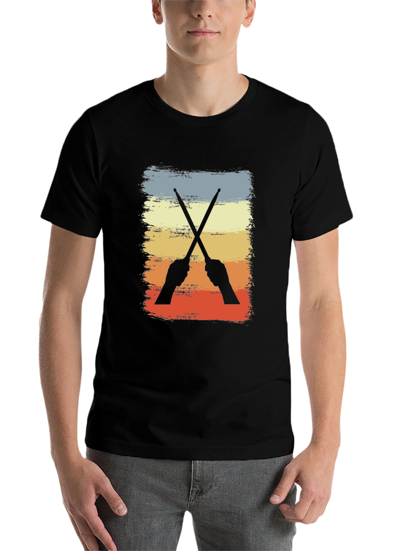 Black Retro Drummer T-Shirt - Crossed Sticks Design view 7