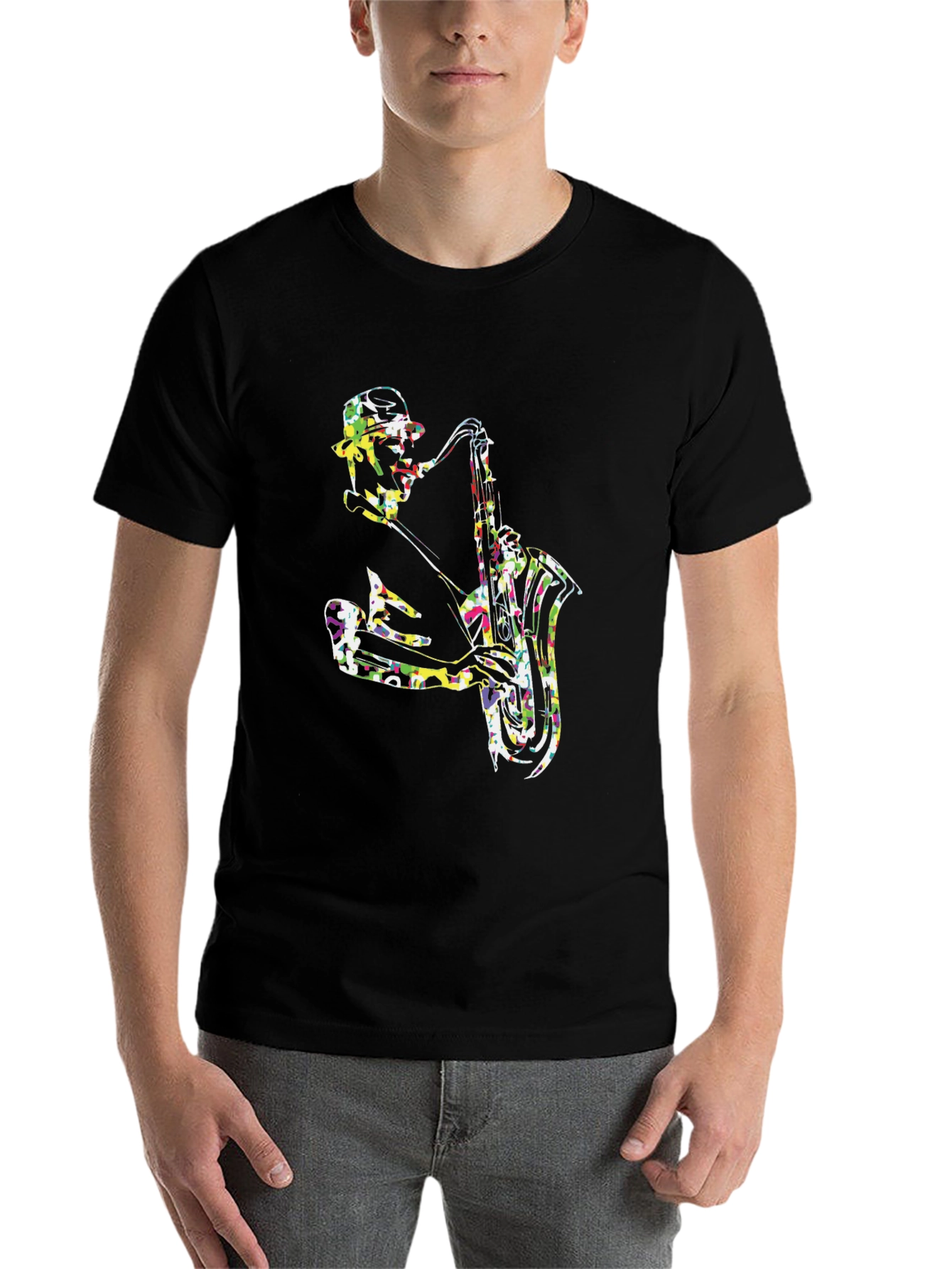 Black Colorful Saxophone Player Graphic Tee view 7