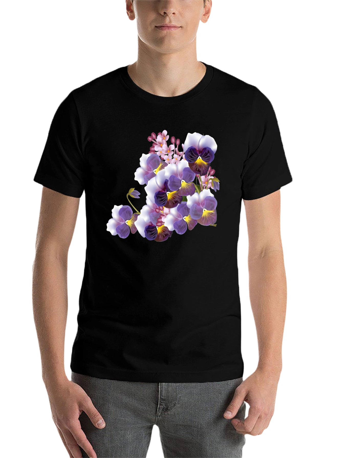 Black Floral Pansy Print Black T-Shirt view 7