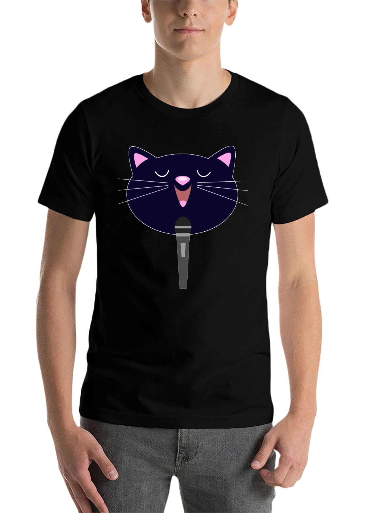 Black Karaoke Cat Graphic Tee - Black Cotton T-Shirt view 7