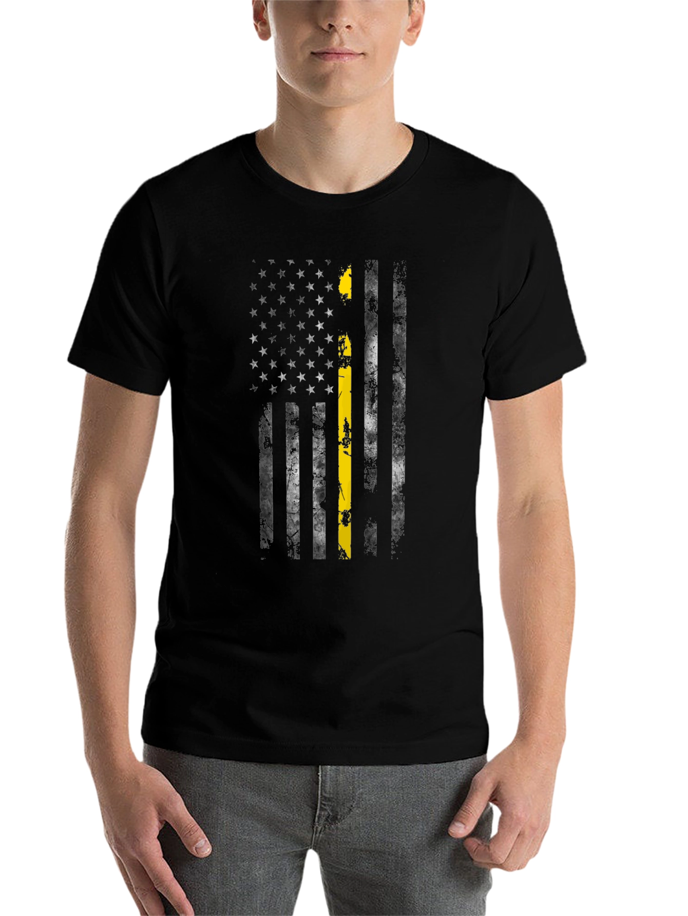 Black Distressed American Flag Thin Yellow Line T-Shirt view 7