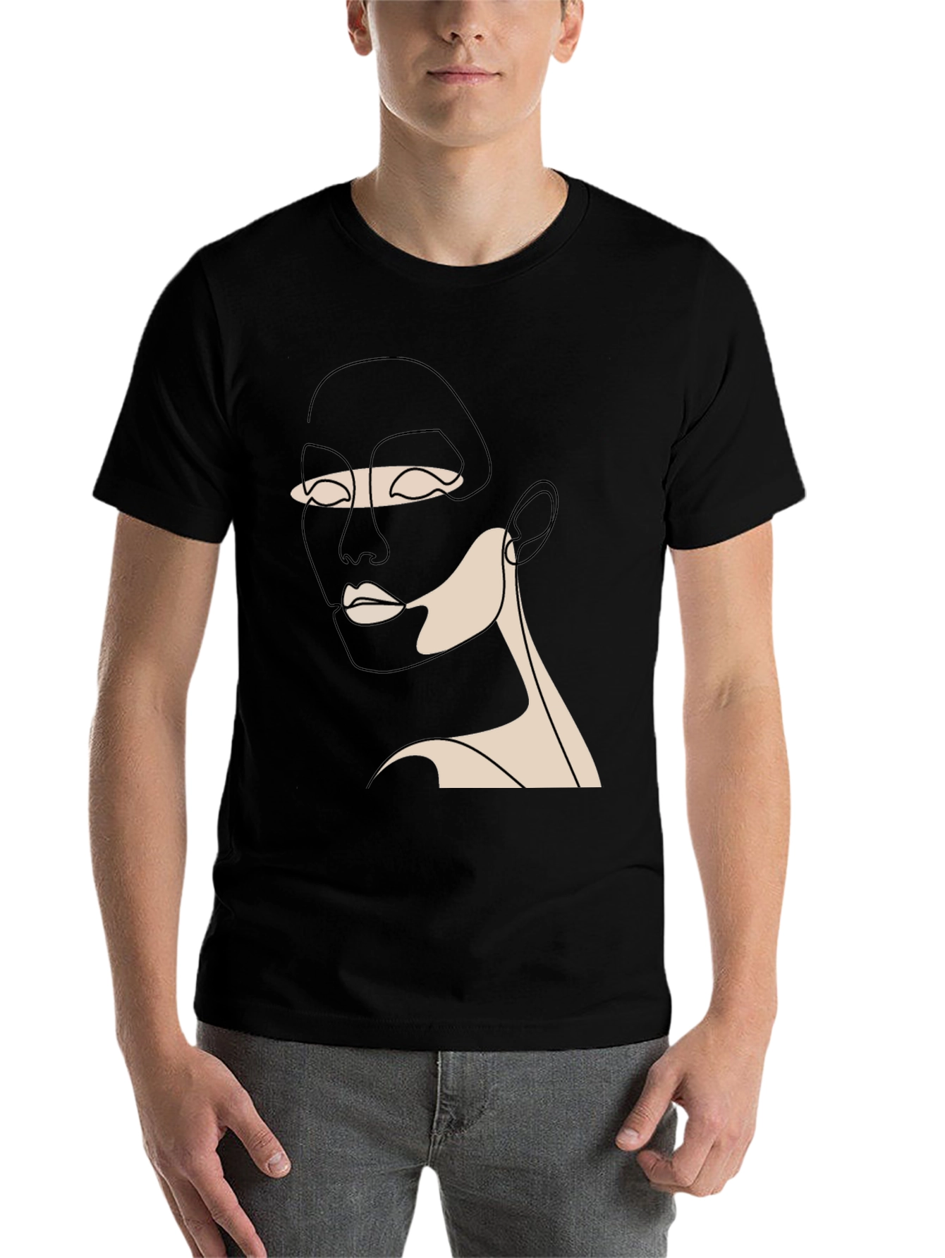 Black Minimalist Face Line Art Black T-Shirt view 7