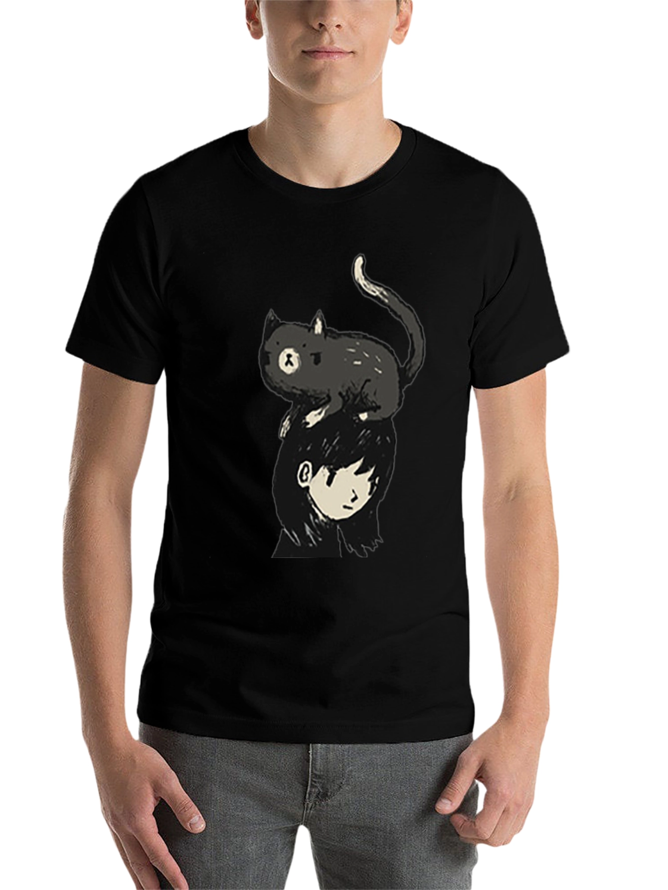 Black Cat on Head Graphic Tee - Black Crew Neck view 7