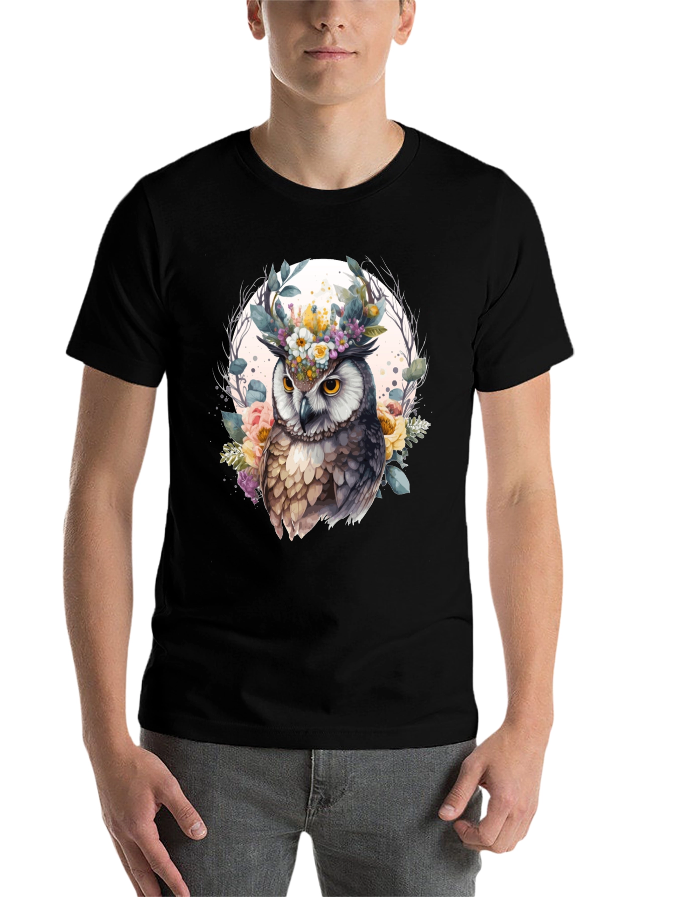 Black Floral Owl Graphic Tee - Unique Design view 7