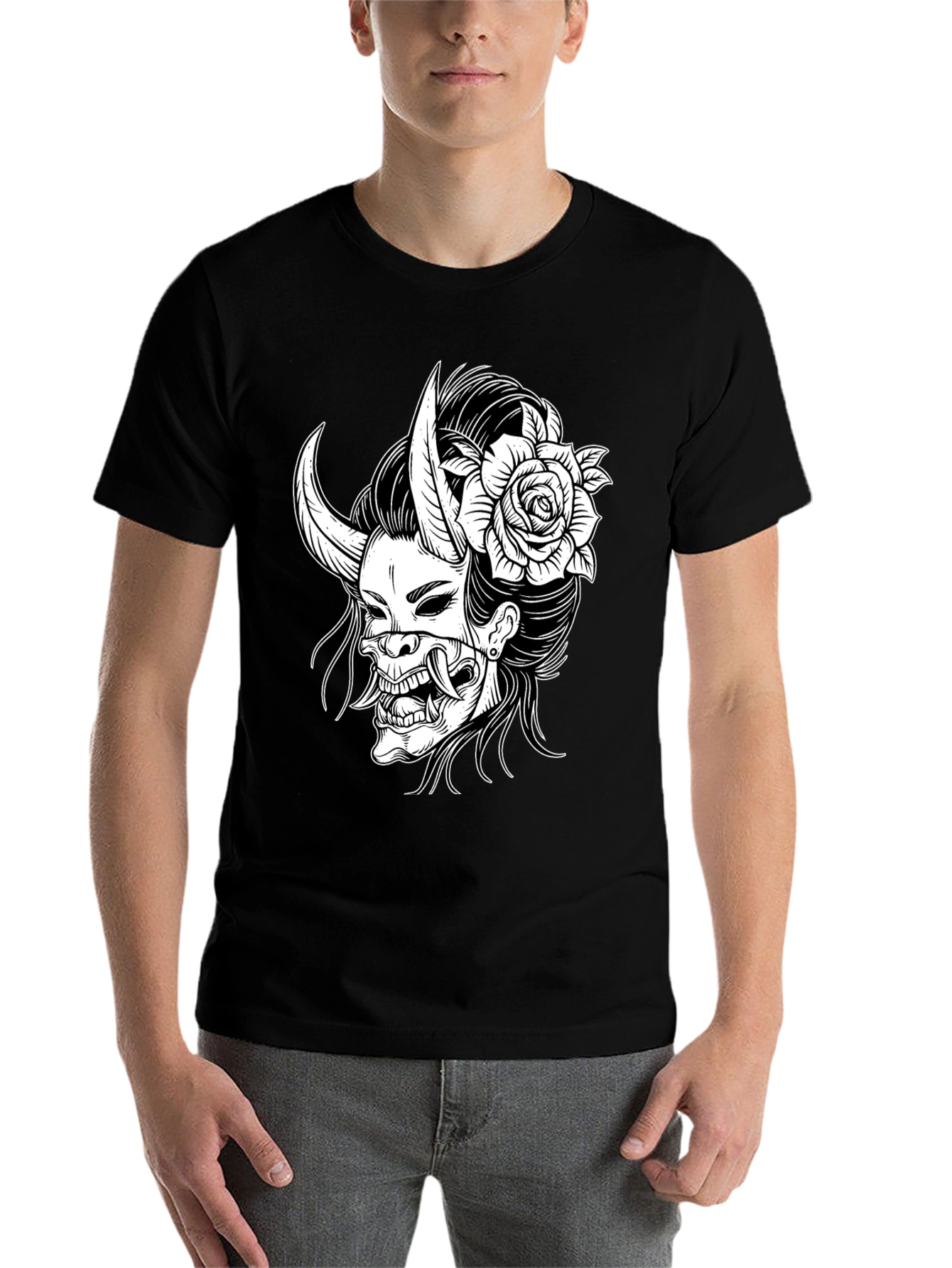 Black Black T-Shirt with Oni Mask & Rose Graphic view 7
