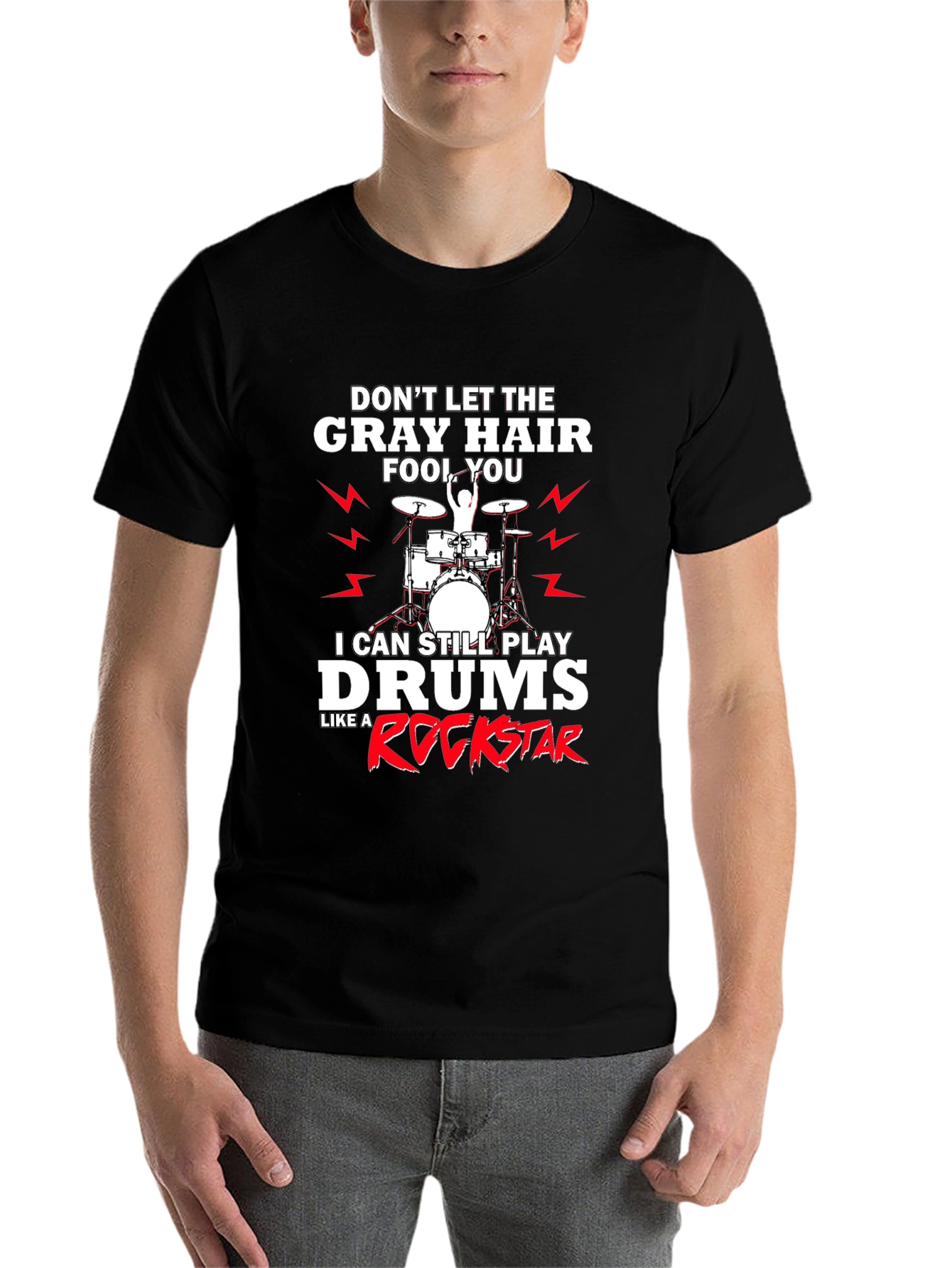 Black Gray Hair Rockstar Drummer T-Shirt view 7