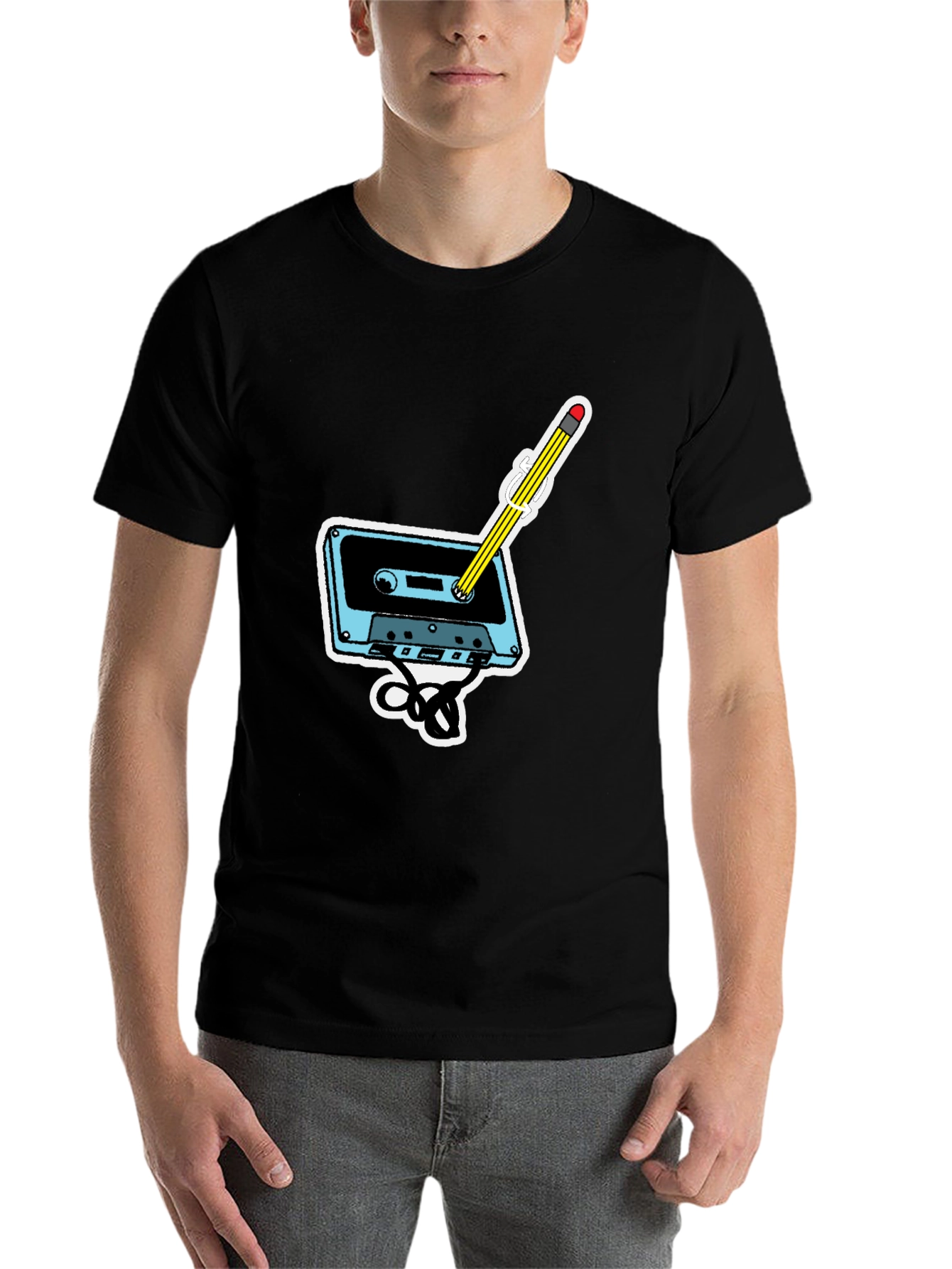 Black Retro Cassette & Pencil Graphic T-Shirt view 7