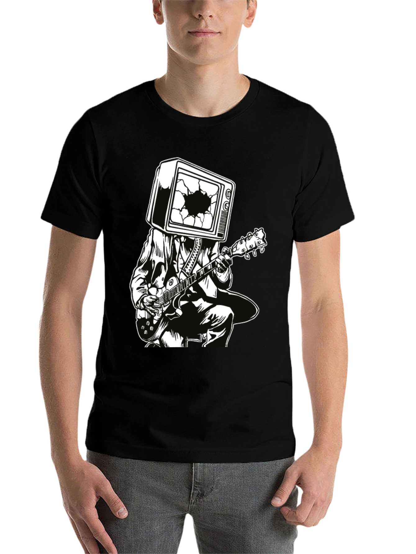 Black Guitar Man with TV Head Graphic T-Shirt view 7
