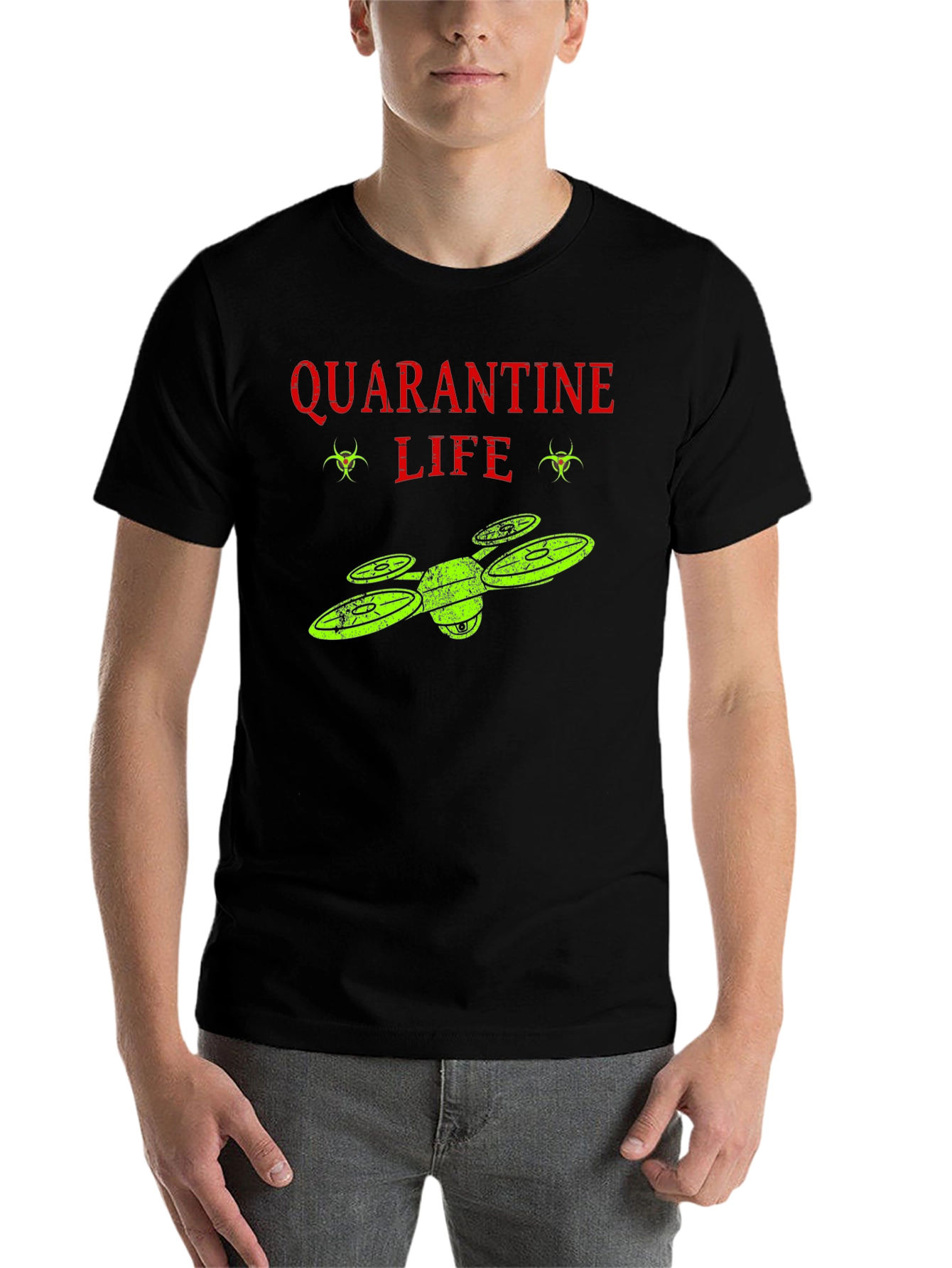 Black Quarantine Life Drone T-Shirt - Funny Novelty Tee view 7
