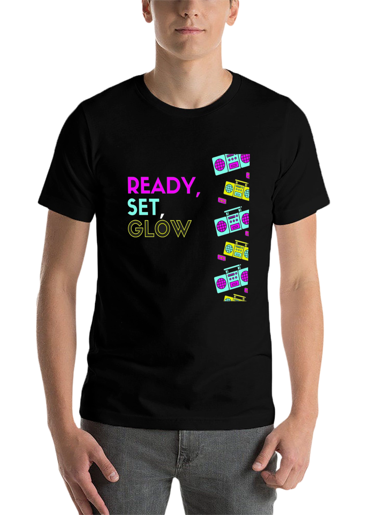 Black Retro Boombox Graphic T-Shirt - Ready, Set, Glow view 7