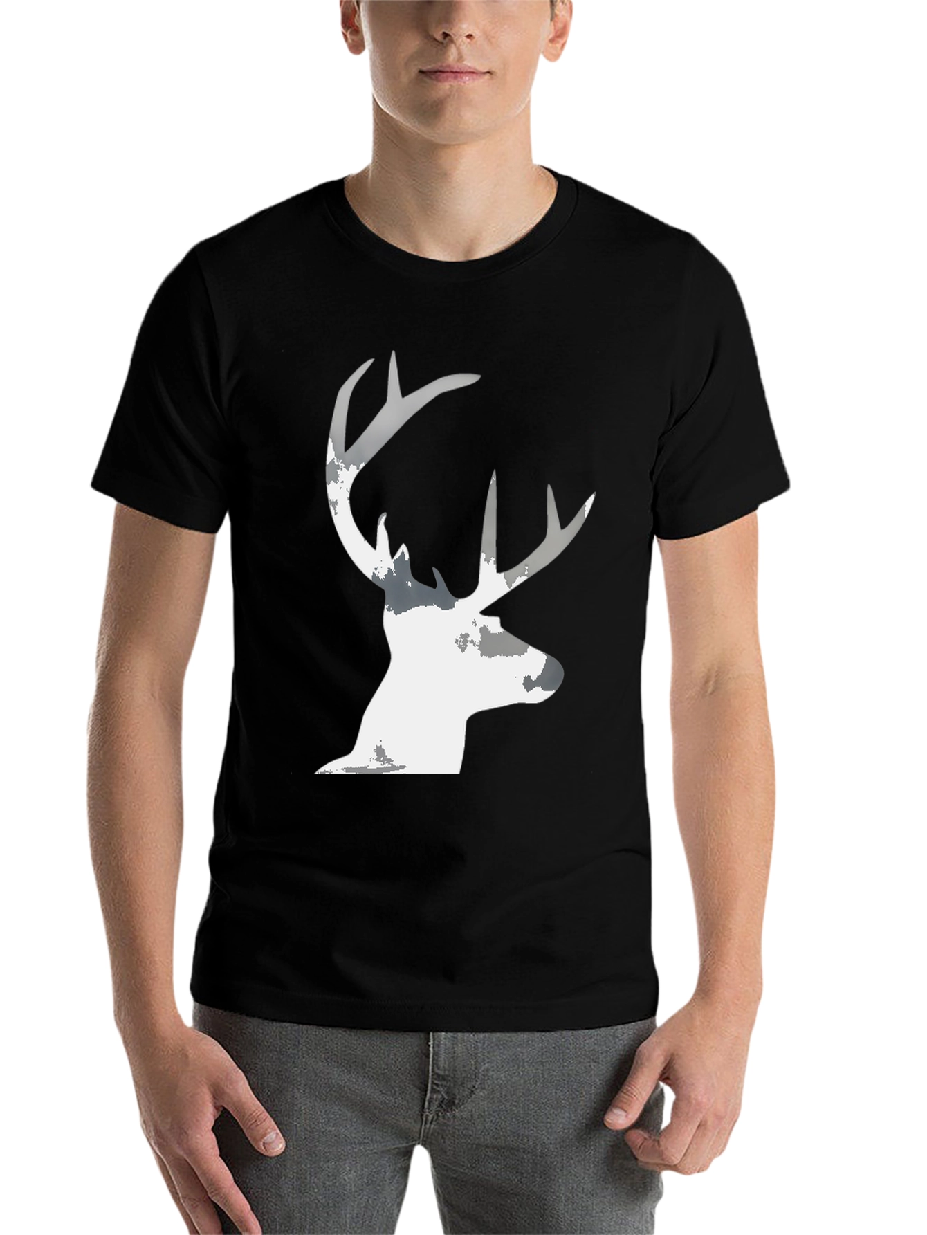 Black Men's Black T-Shirt with Deer Silhouette Graphic view 7