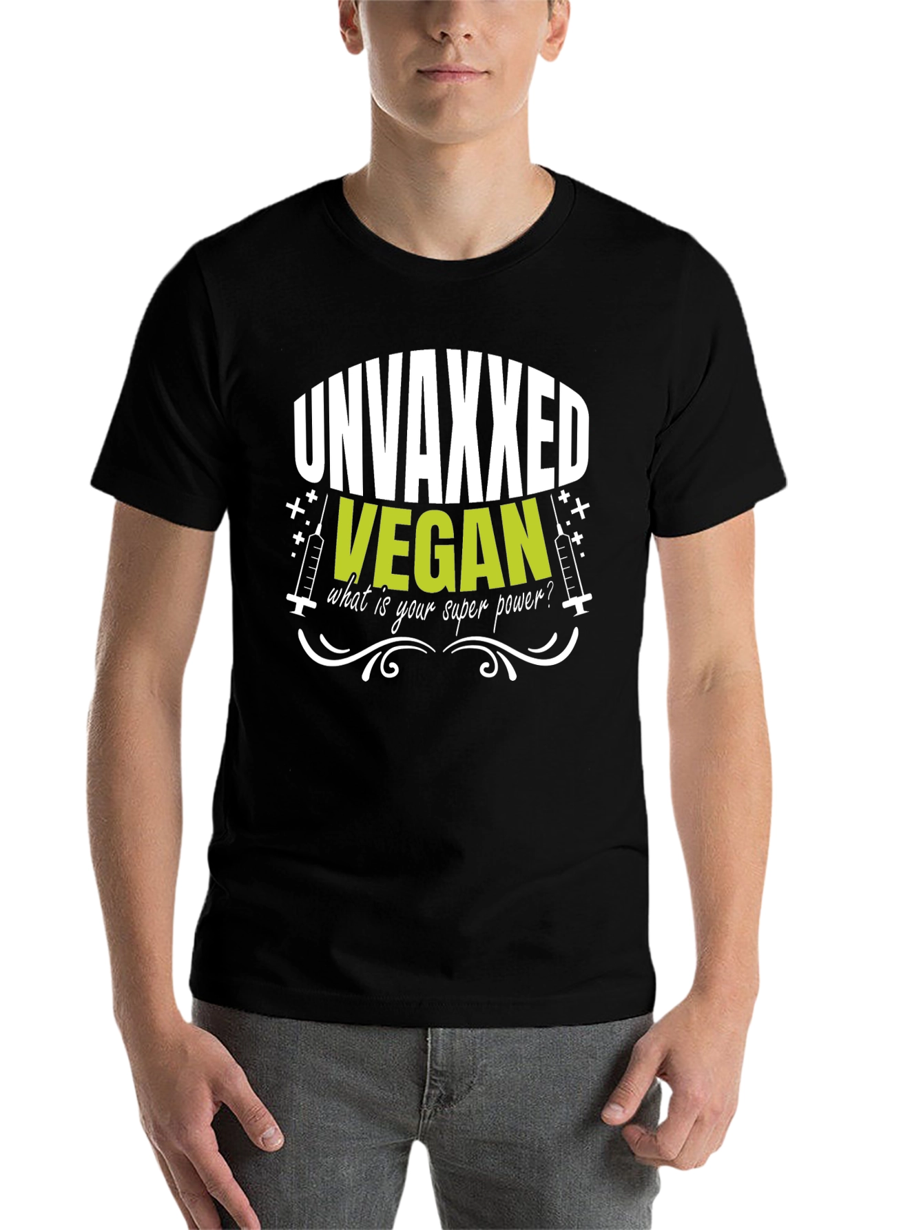 Black Unvaxxed Vegan Superpower T-Shirt view 7