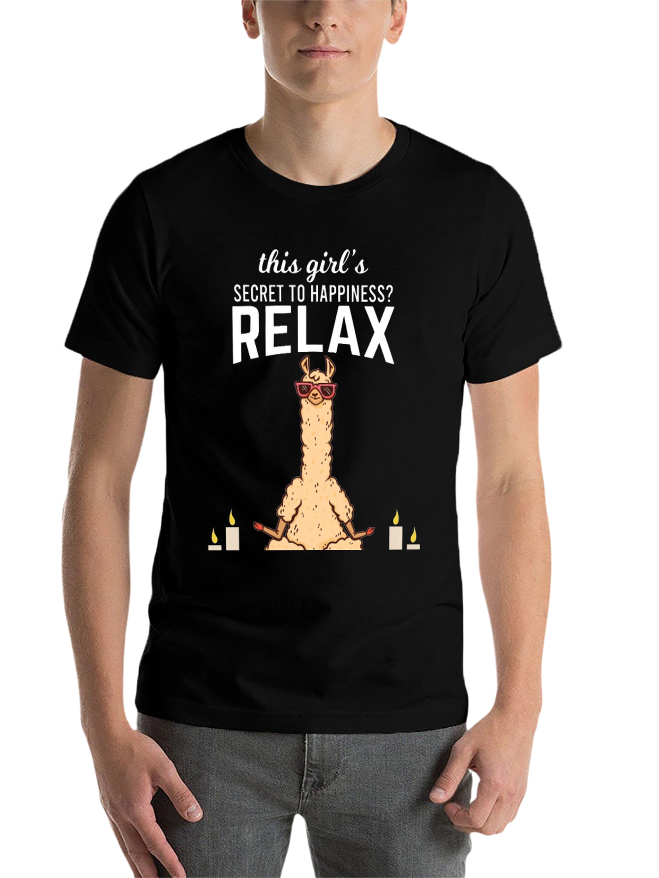 Black Relax Llama T-Shirt - Meditation & Happiness view 7