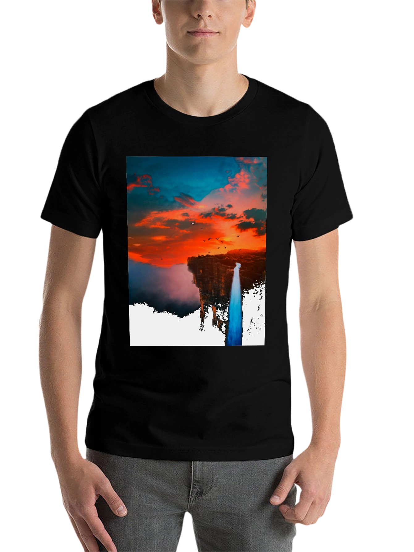 Black Sunset Waterfall Graphic Tee - Unique Design view 7
