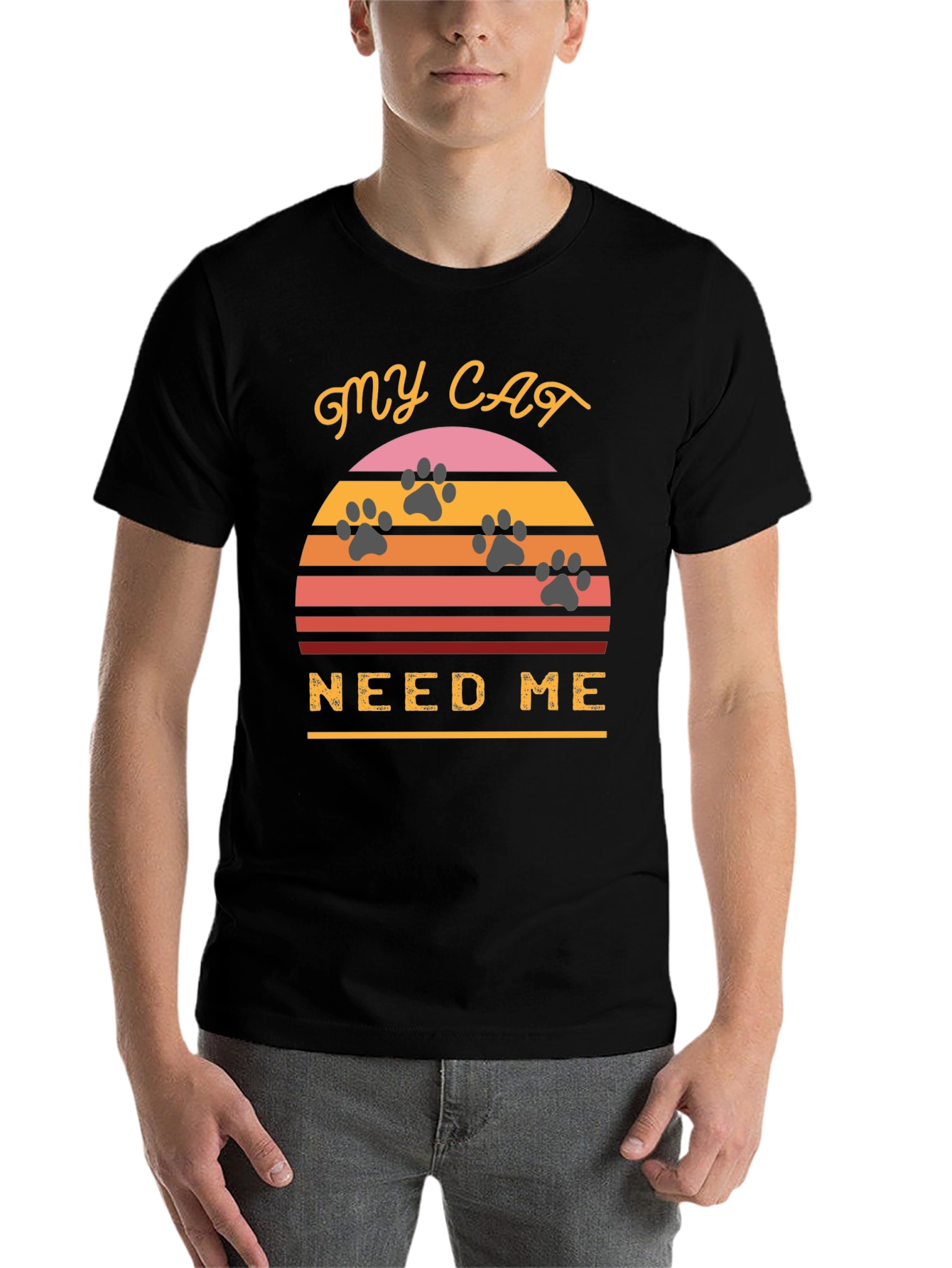 Black My Cat Needs Me T-Shirt - Retro Sunset Style view 7