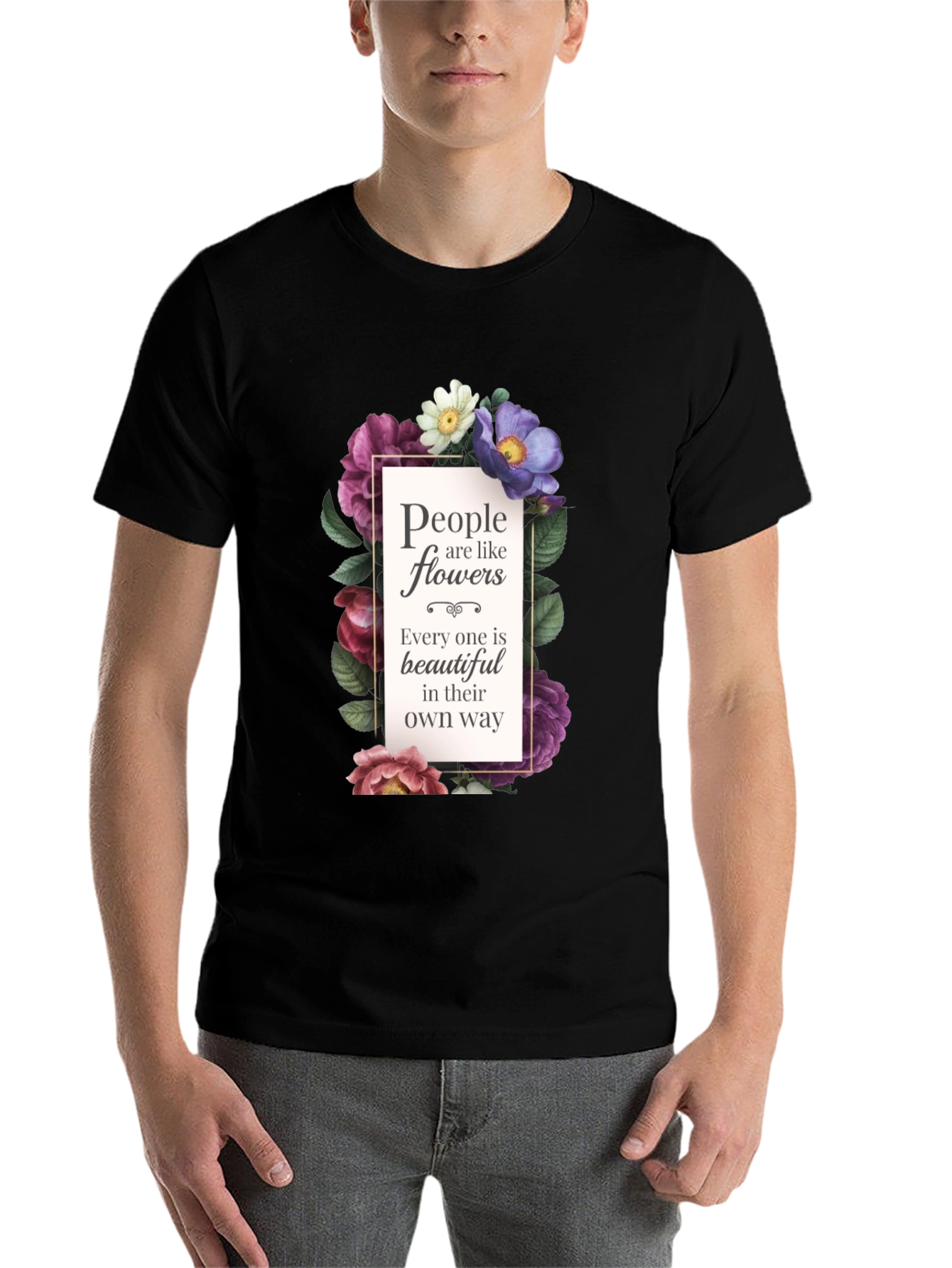 Black Floral Inspirational T-Shirt: People are like Flowers view 7