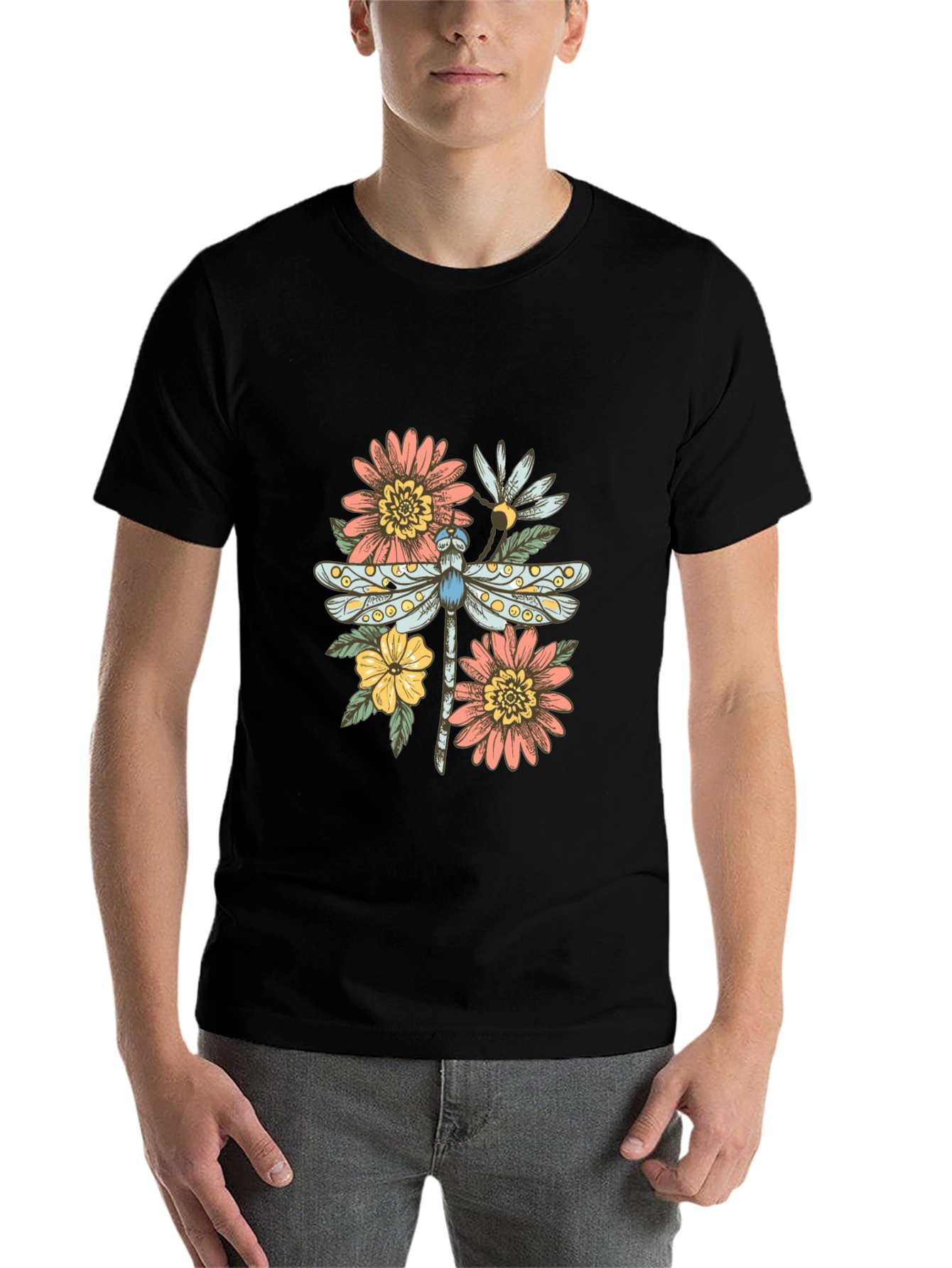 Black Dragonfly Floral Graphic Tee - Trendy Casual Top view 7