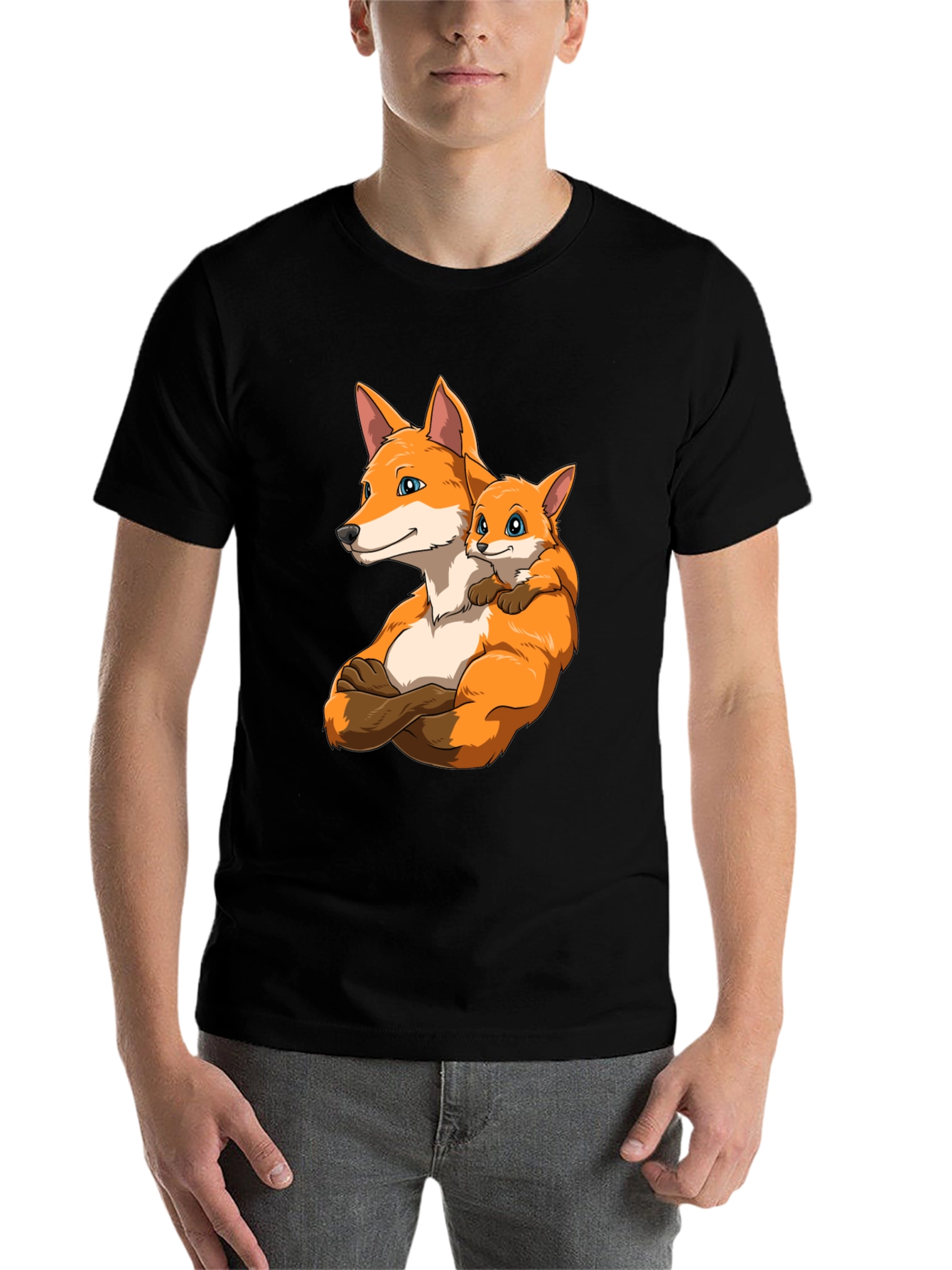 Black Fox Family Black T-Shirt - Cute Cartoon Design view 7