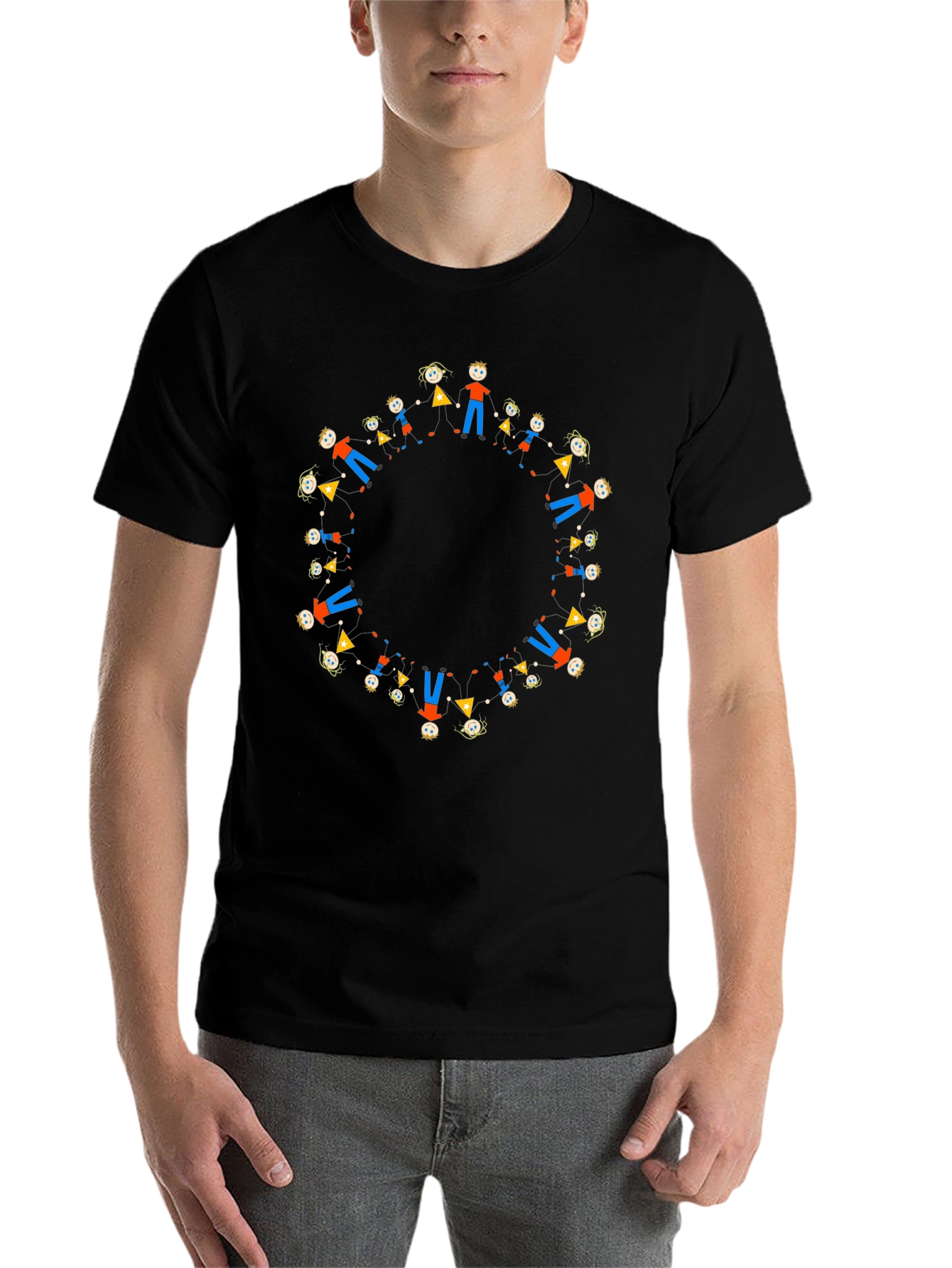 Black Tee with Circle of People Graphic - 7