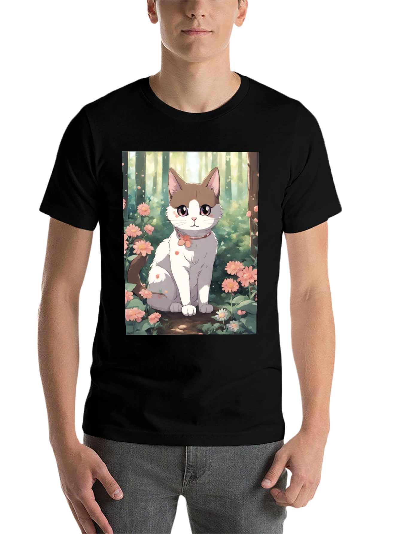 Black Anime Cat Floral T-Shirt view 7