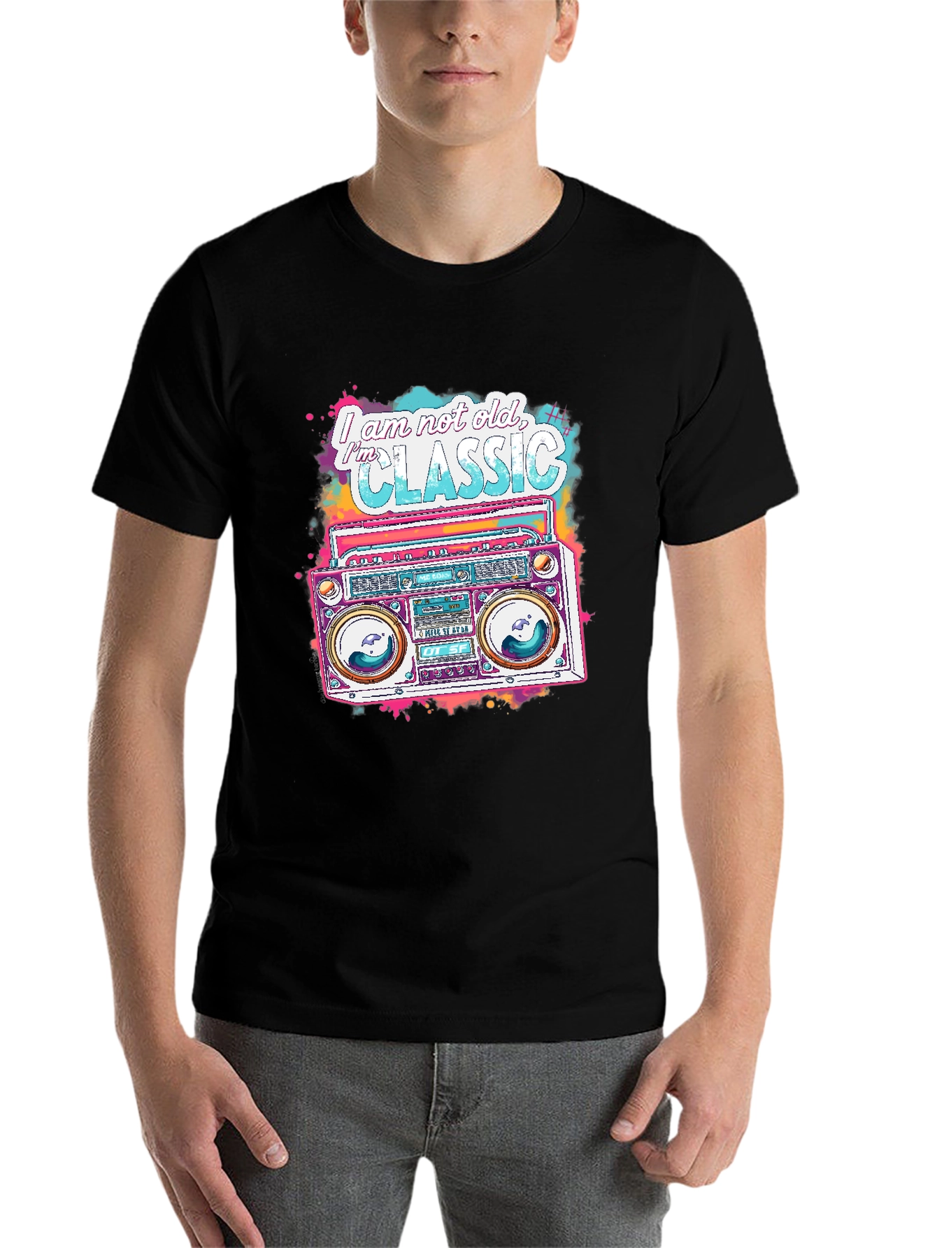 Black Retro Boombox Graphic Tee - I am not old, I'm Classic view 7