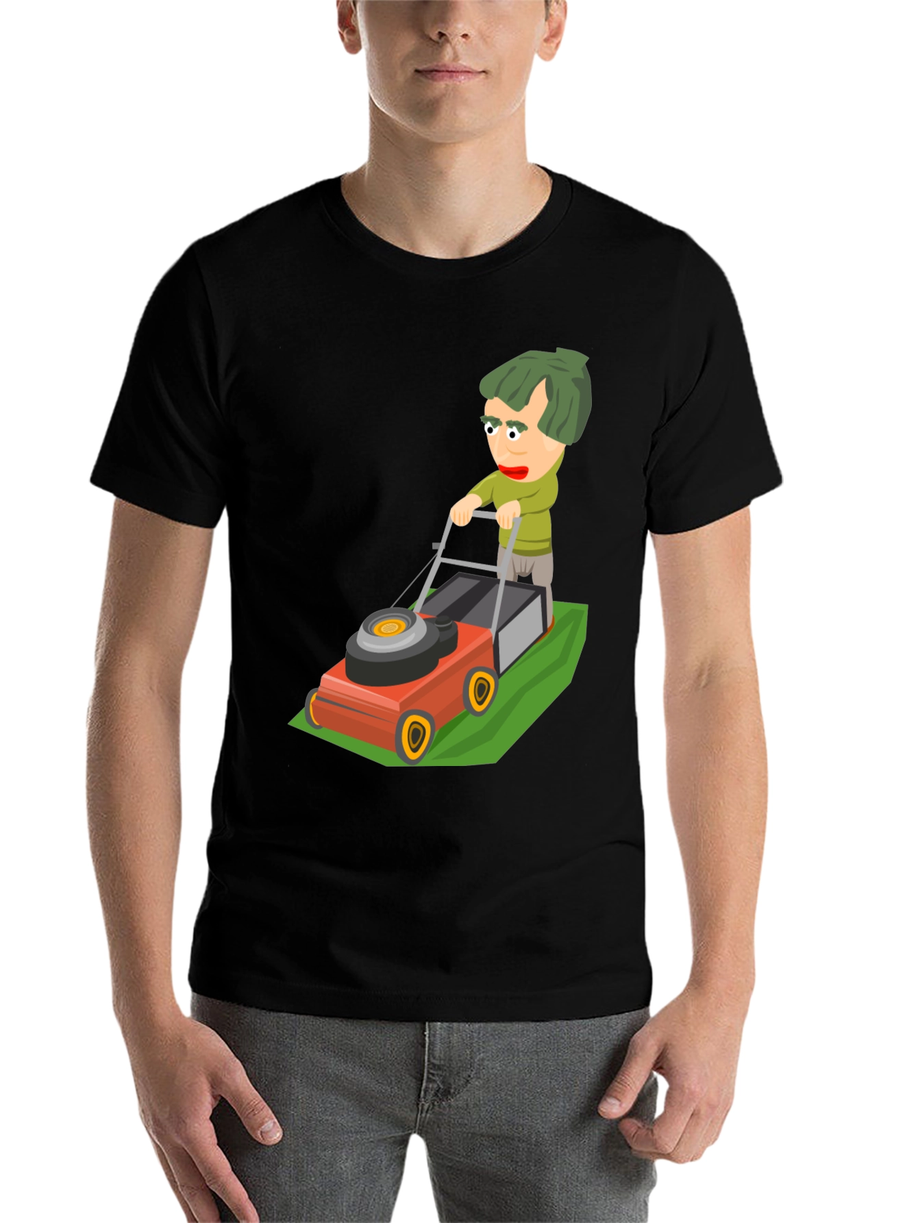 Black Cartoon Lawn Mower T-Shirt view 7