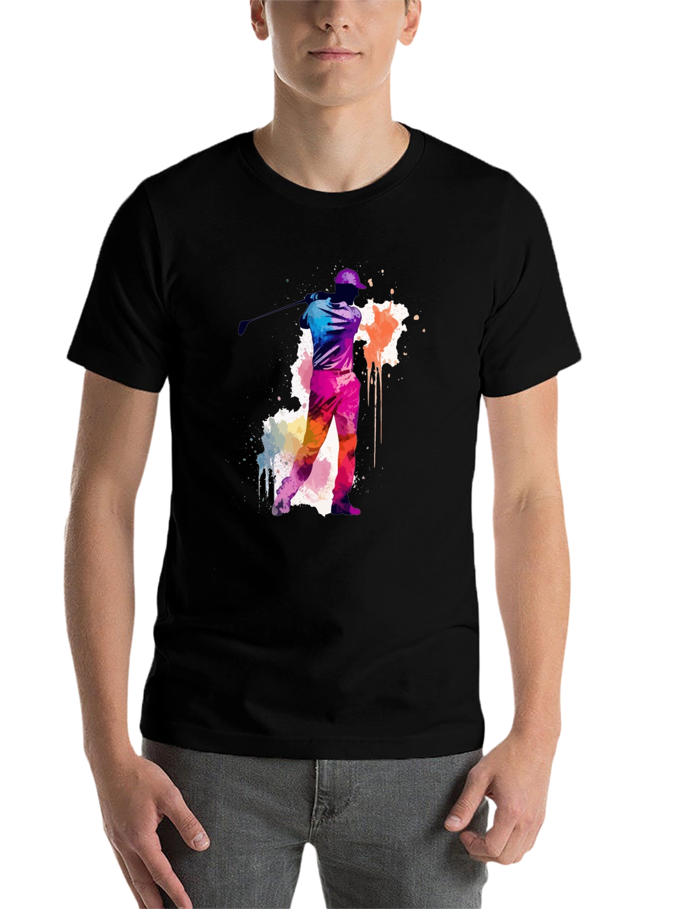 Black Golfing Watercolor Tee - Black Cotton T-Shirt view 7