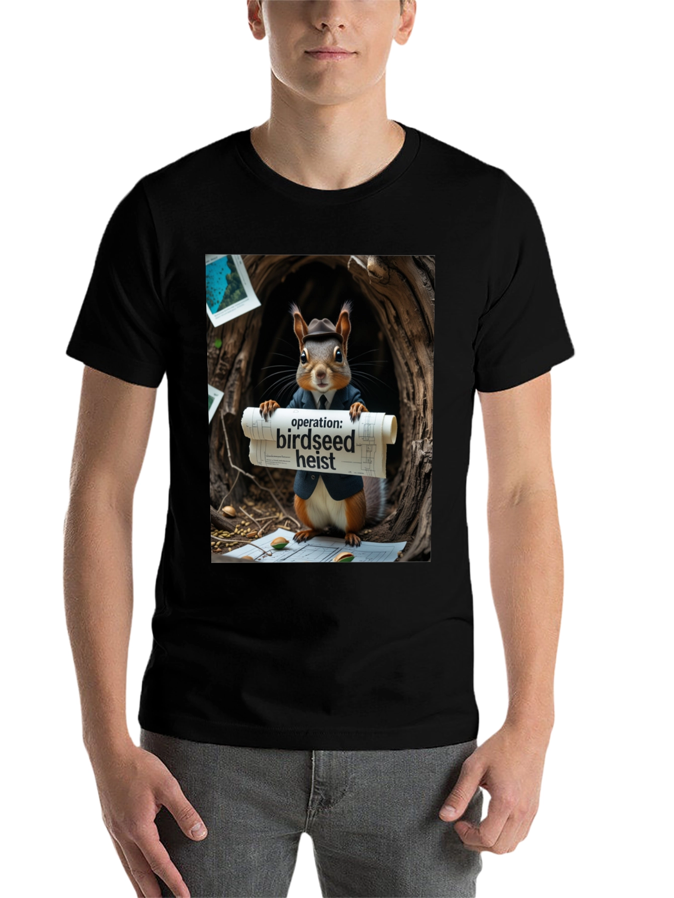 Black Birdseed Heist Squirrel T-Shirt view 7