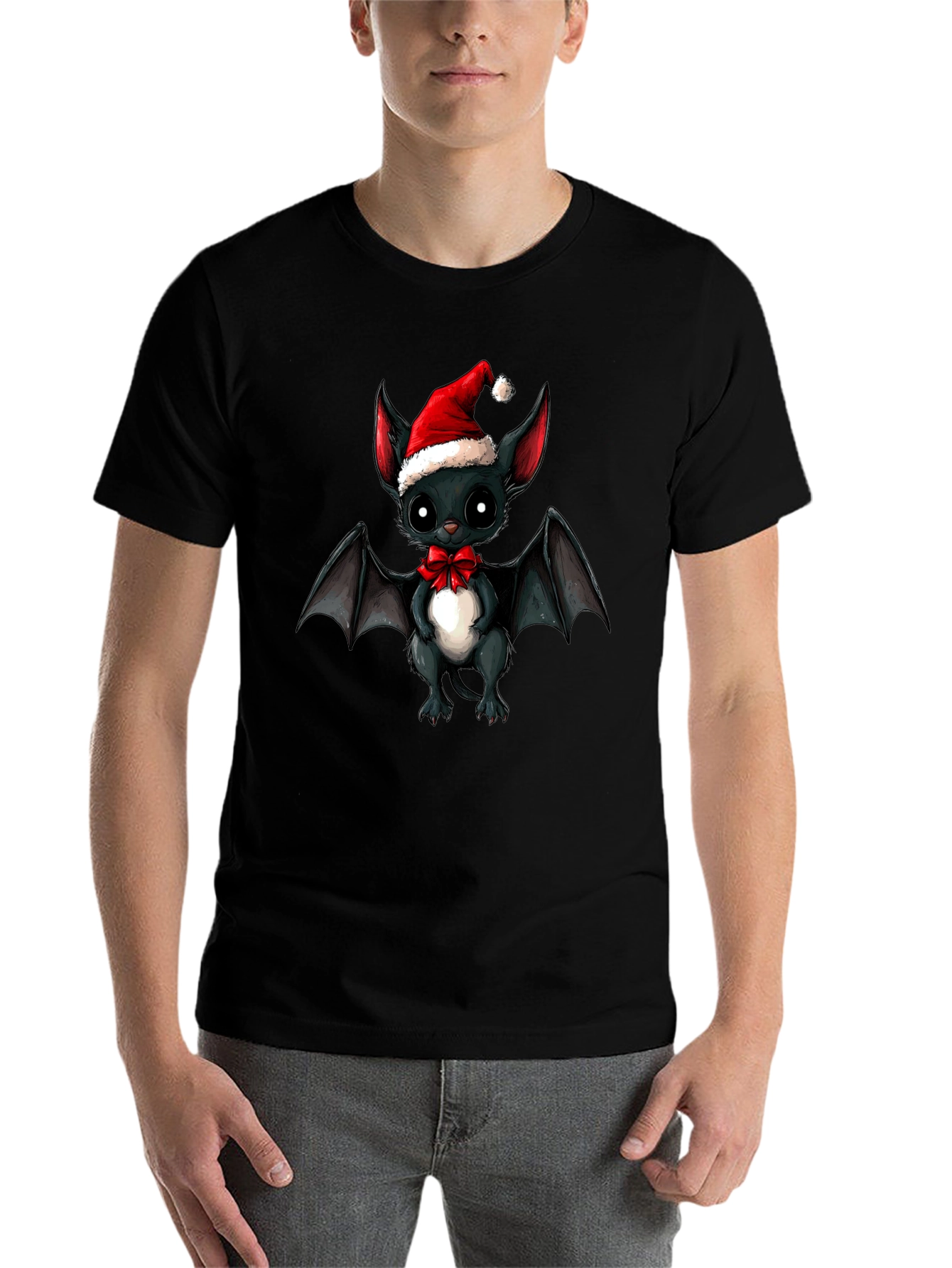 Black Cute Bat in Santa Hat Graphic Tee view 7