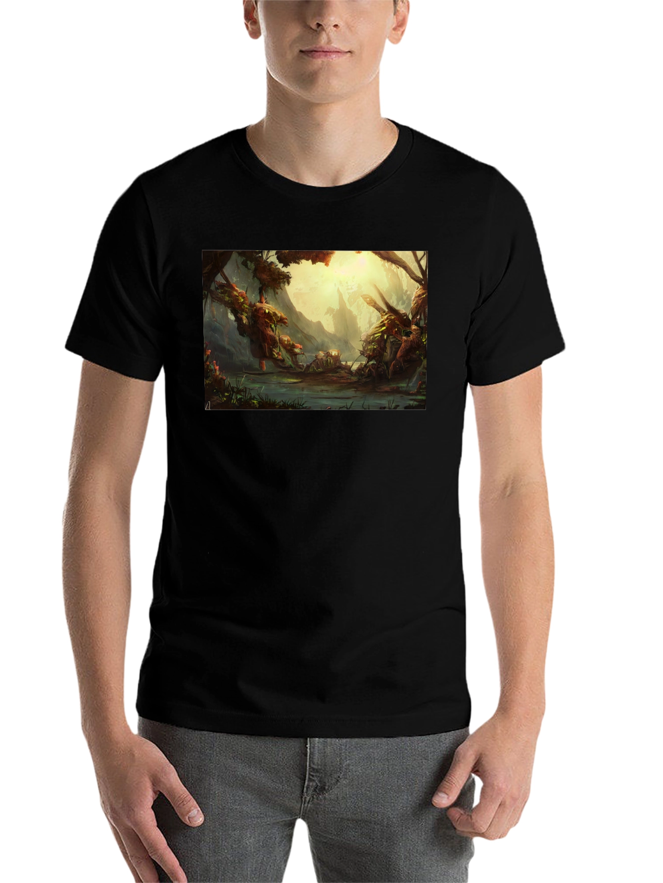 Black Fantasy Landscape Graphic Tee - Soft Cotton Black T-Shirt view 7