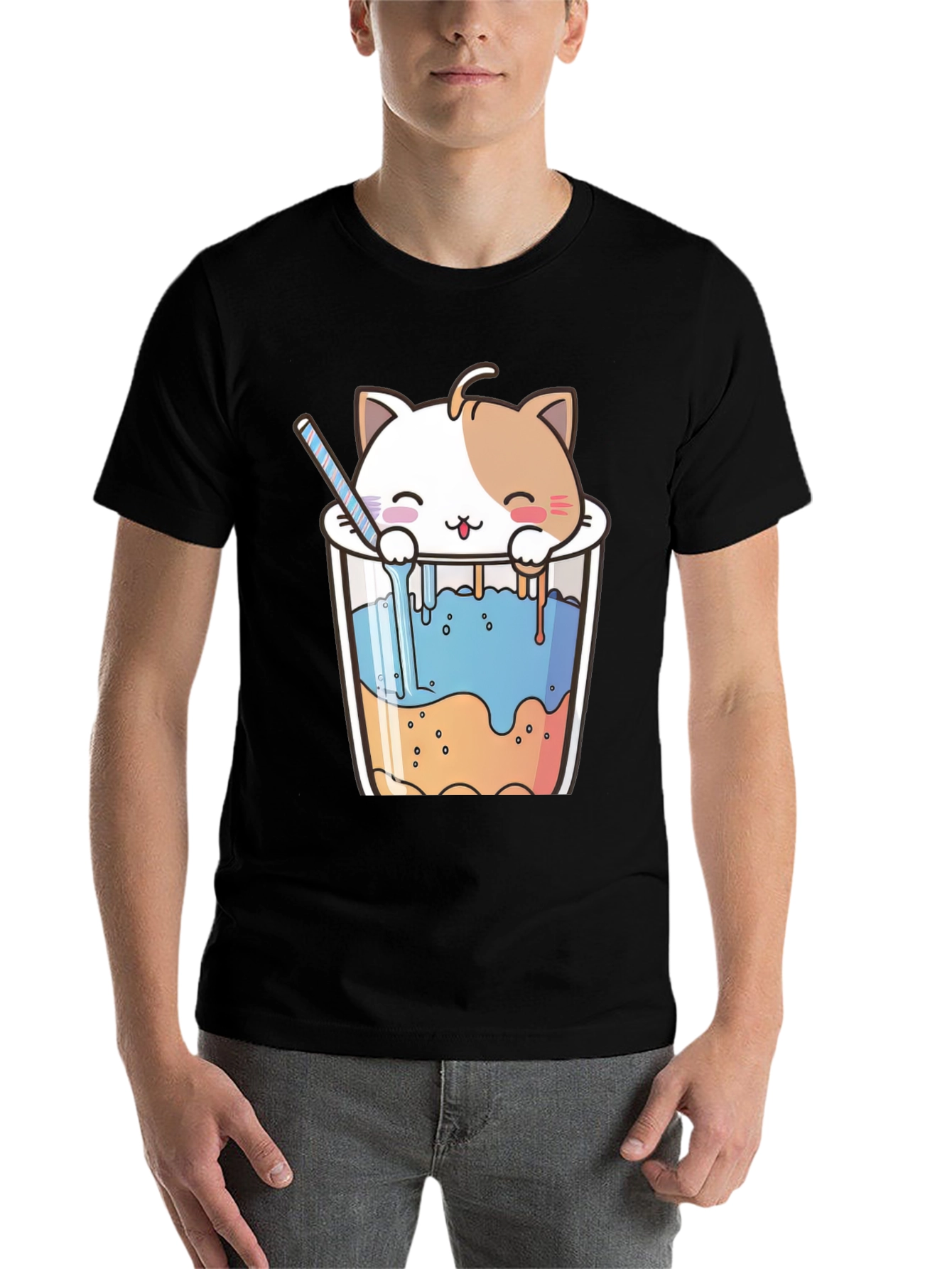 Black Cute Cat Bubble Tea Black T-Shirt view 7