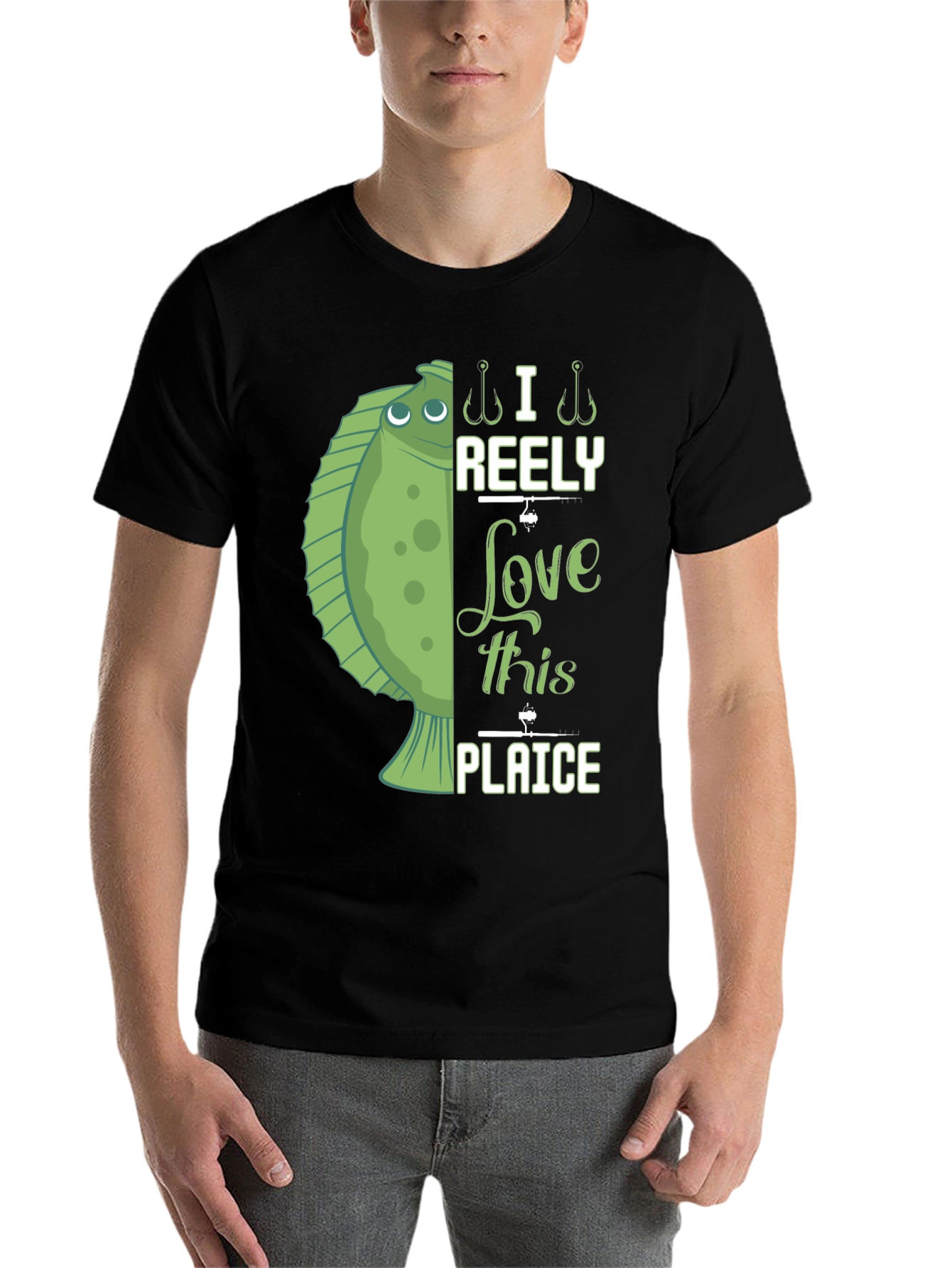 Black Funny Fishing T-Shirt - I Reely Love This Plaice view 7