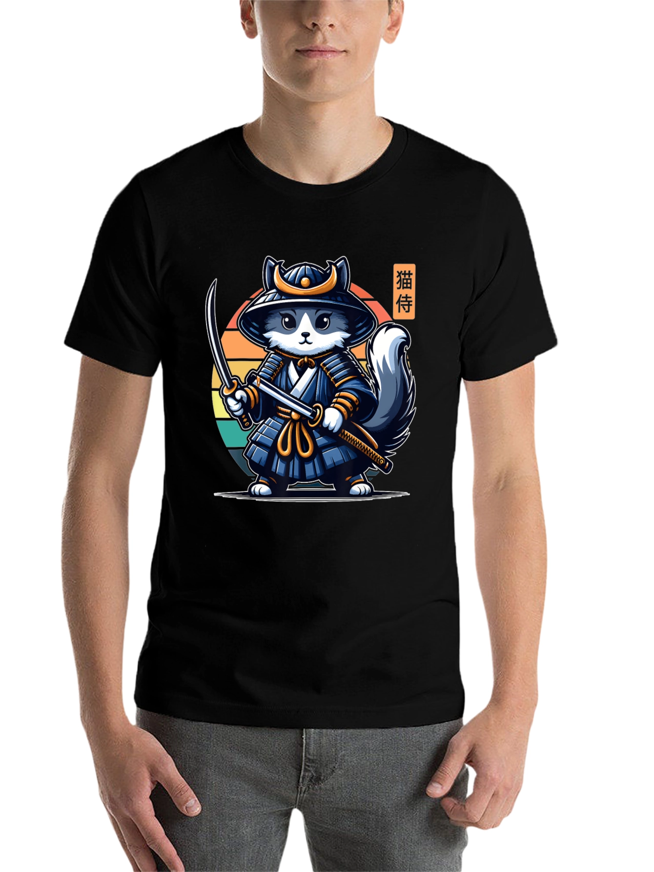 Black Samurai Cat T-Shirt - Black Crew Neck view 7