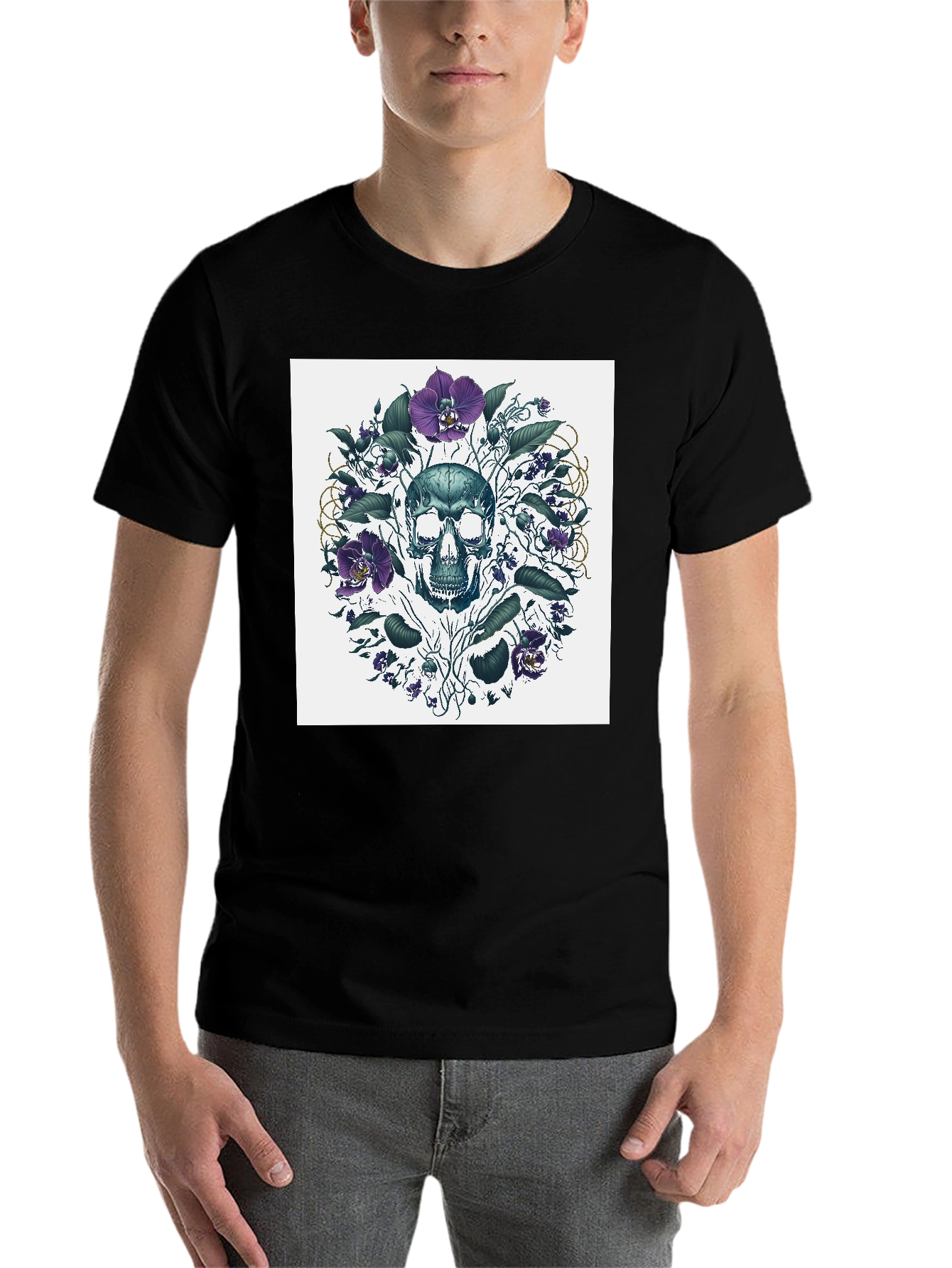 Black Skull Floral T-Shirt - Artistic Death Graphic Tee view 7